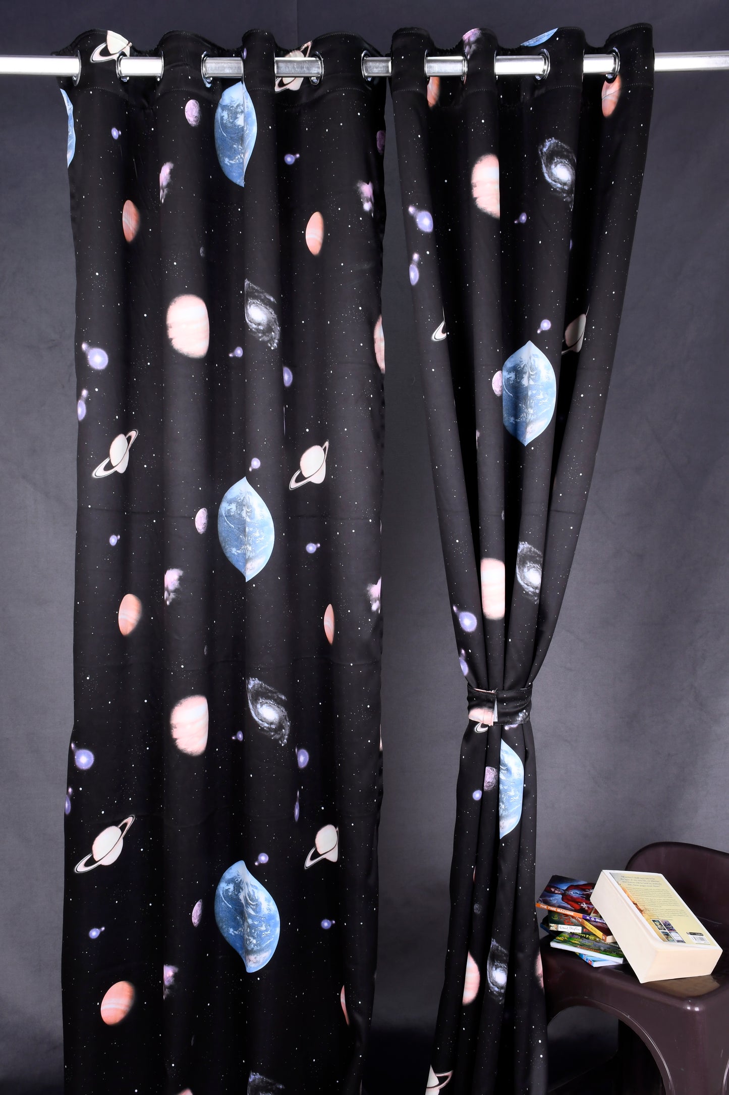 Bambini Digital Print Curtains on Polyester fabric for Universe Milky Way in Black Base.