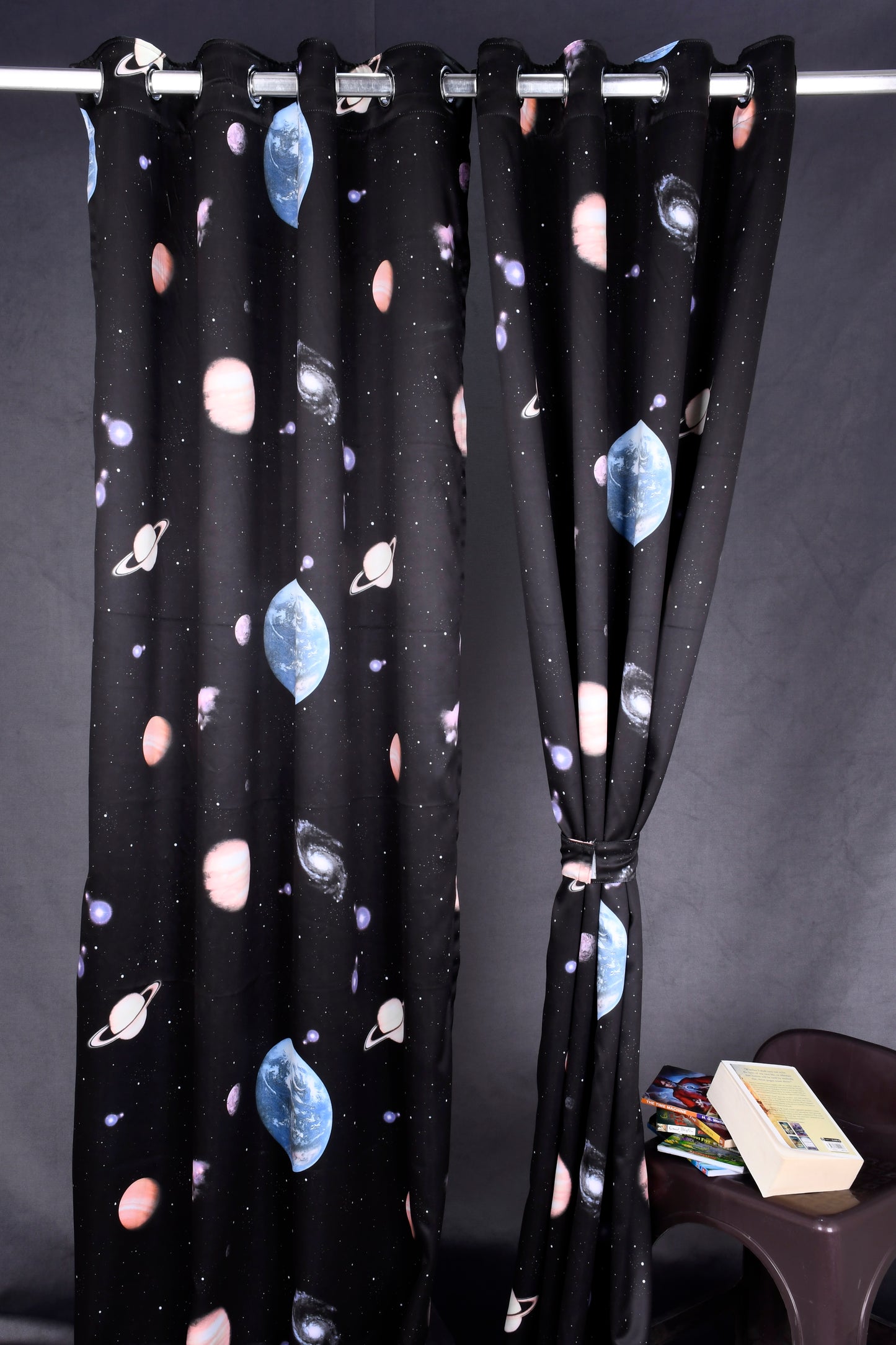 Bambini Digital Print Curtains on Polyester fabric for Universe Milky Way in Black Base.