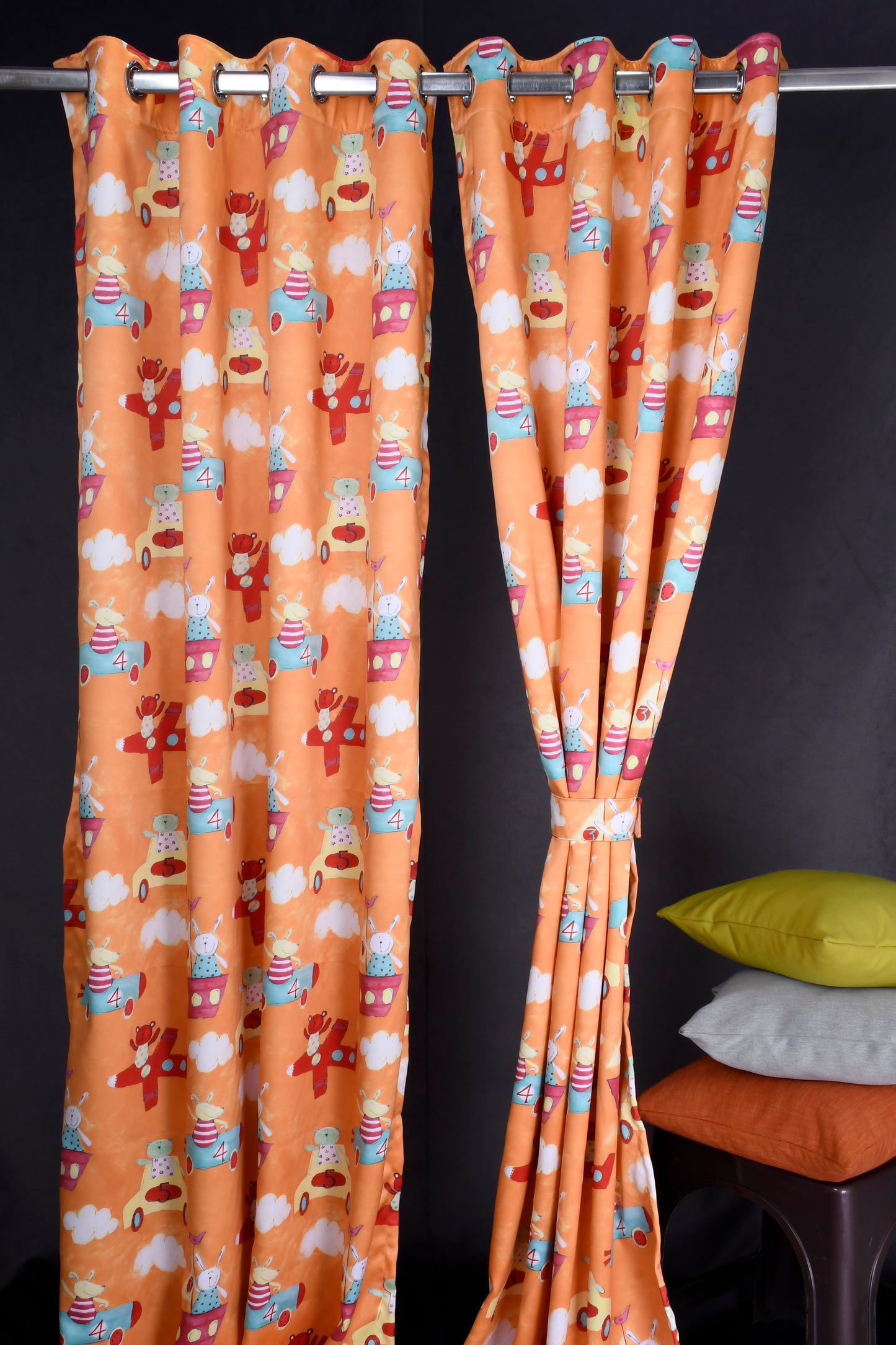Bambini Digital Print Curtains on Polyester fabric of Bunny In Aeroplane on Orange Base.