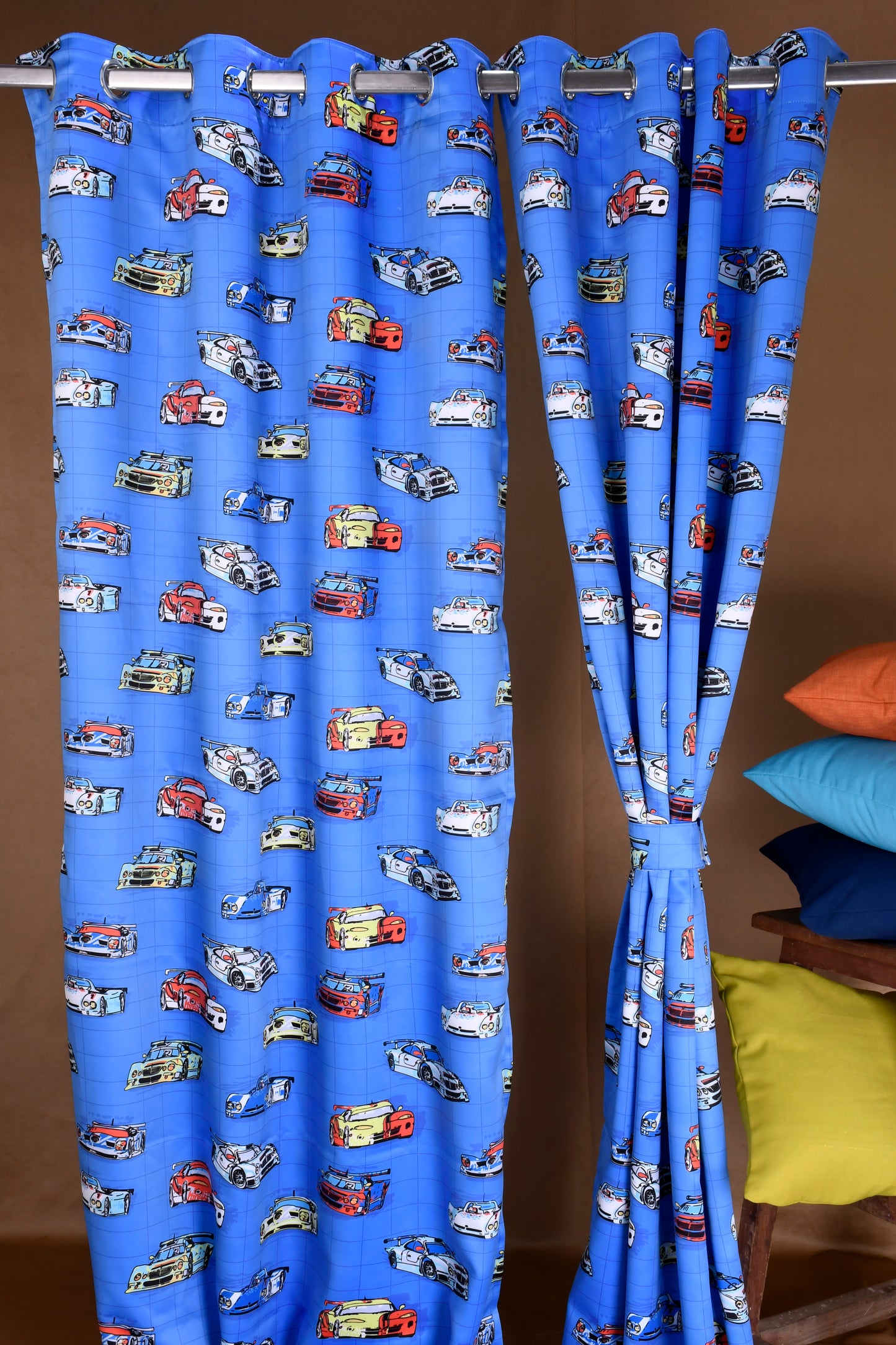 Bambini Digital Print Curtains on Polyester fabric for Racing Car in Blue Base.