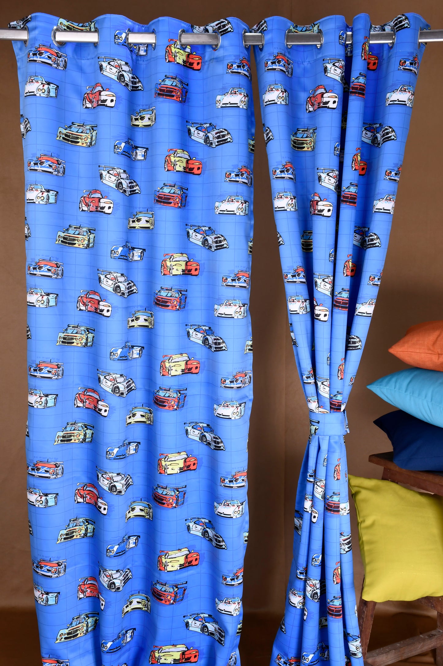 Bambini Digital Print Curtains on Polyester fabric for Racing Car in Blue Base.