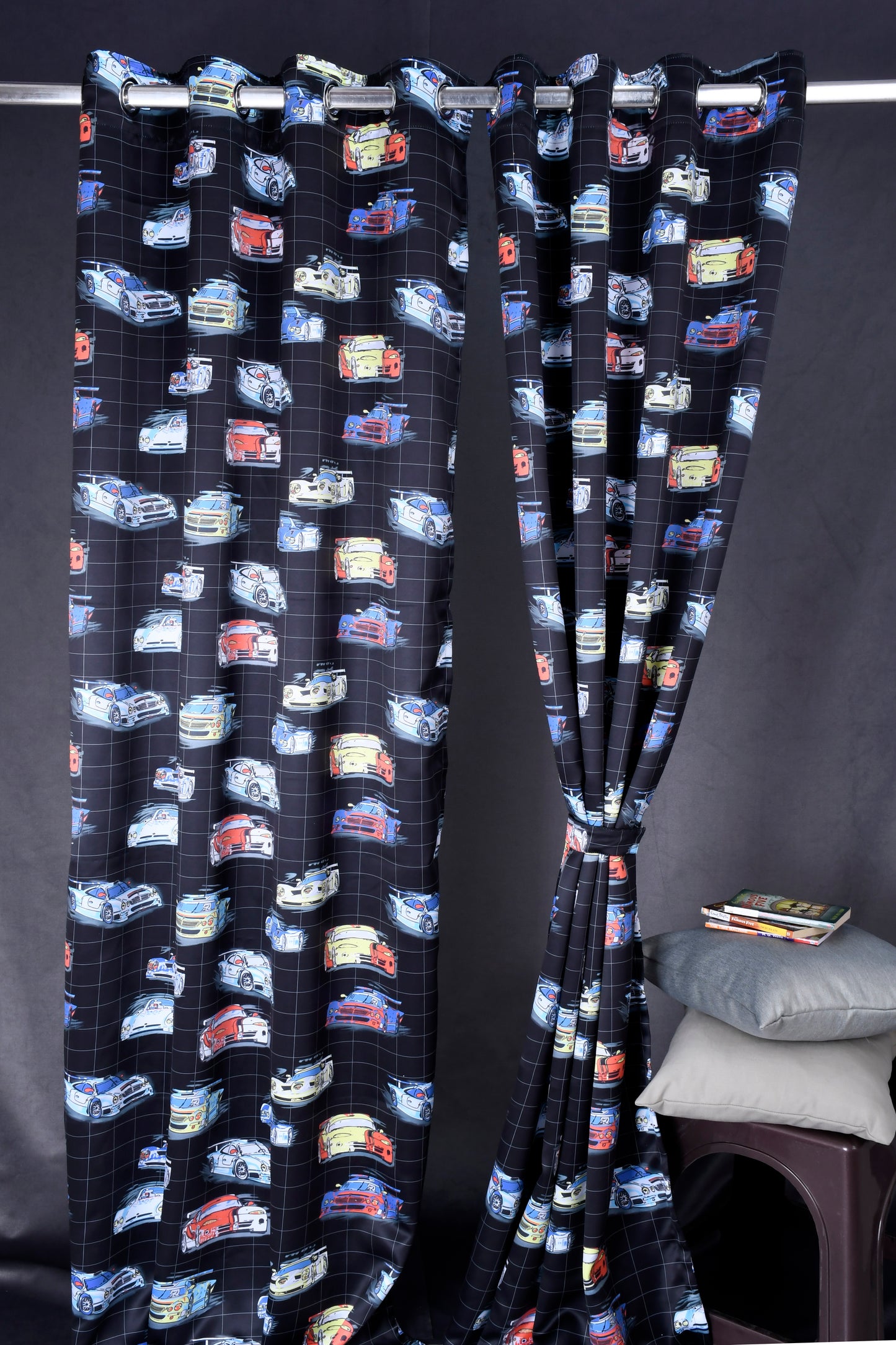 Bambini Digital Print Curtains on Polyester fabric for Racing Car in Black Base.