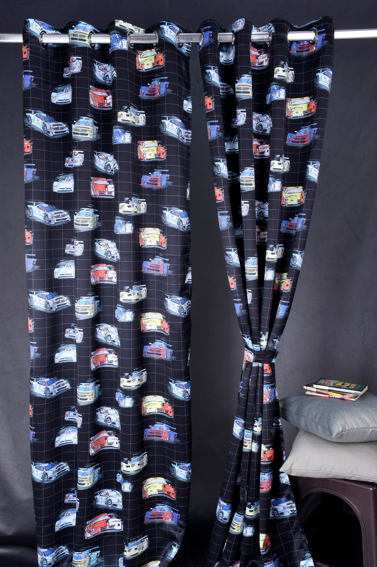 Bambini Digital Print Curtains on Polyester fabric for Racing Car in Black Base.