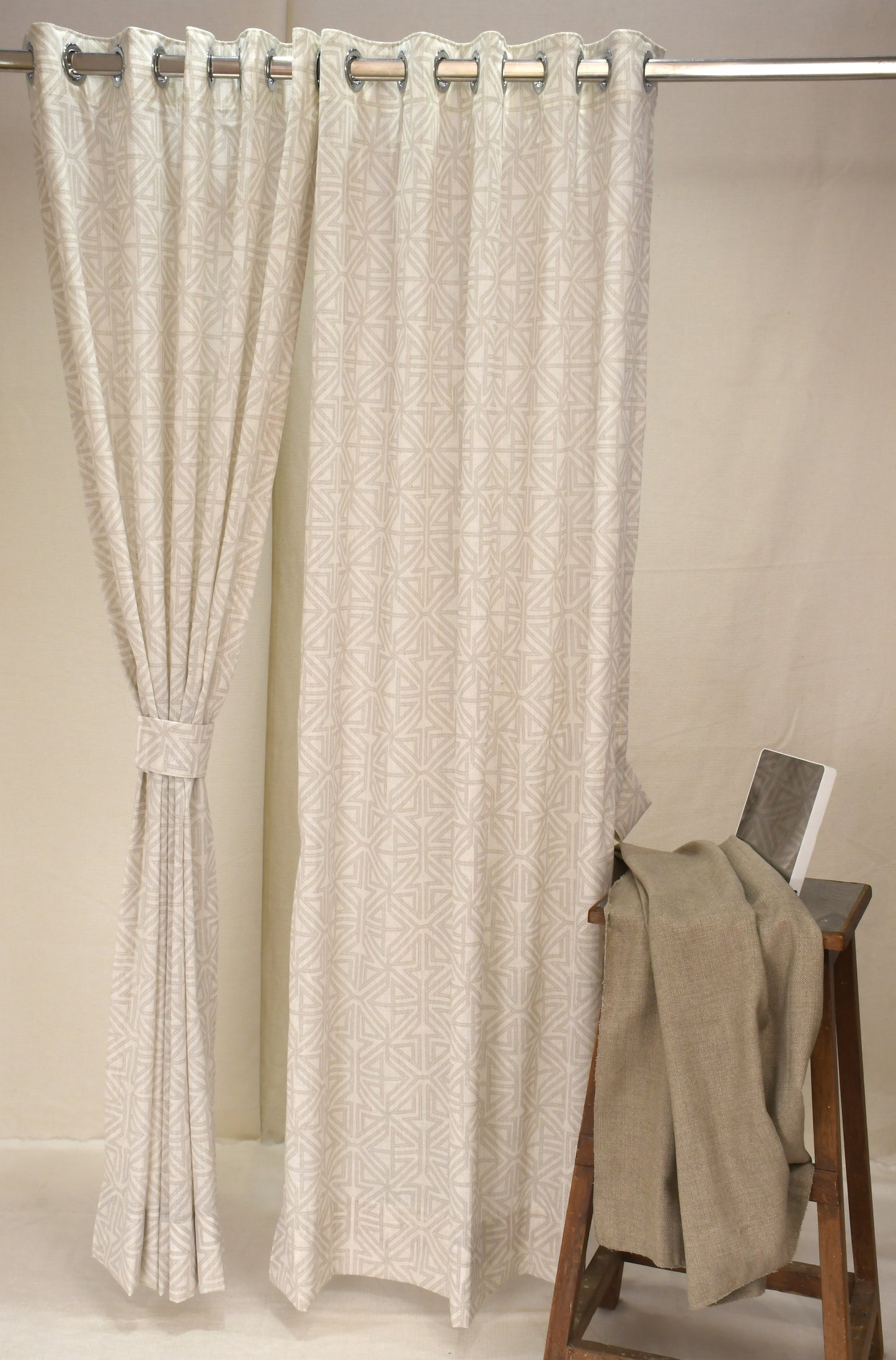 Lino Collection Curtains with Eyelet patttern in Opaque Sheer Printed fabric with Geometric Design.