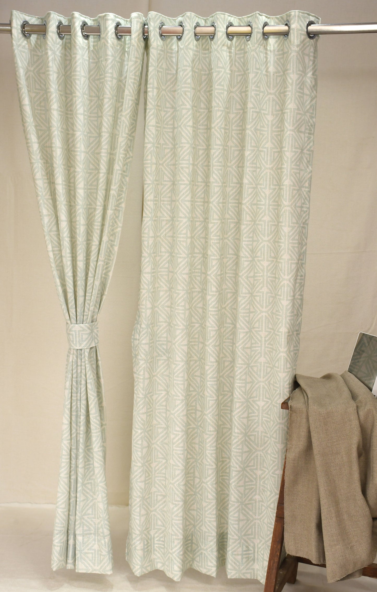 Lino Collection Curtains with Eyelet patttern in Opaque Sheer Printed fabric with Geometric Design.
