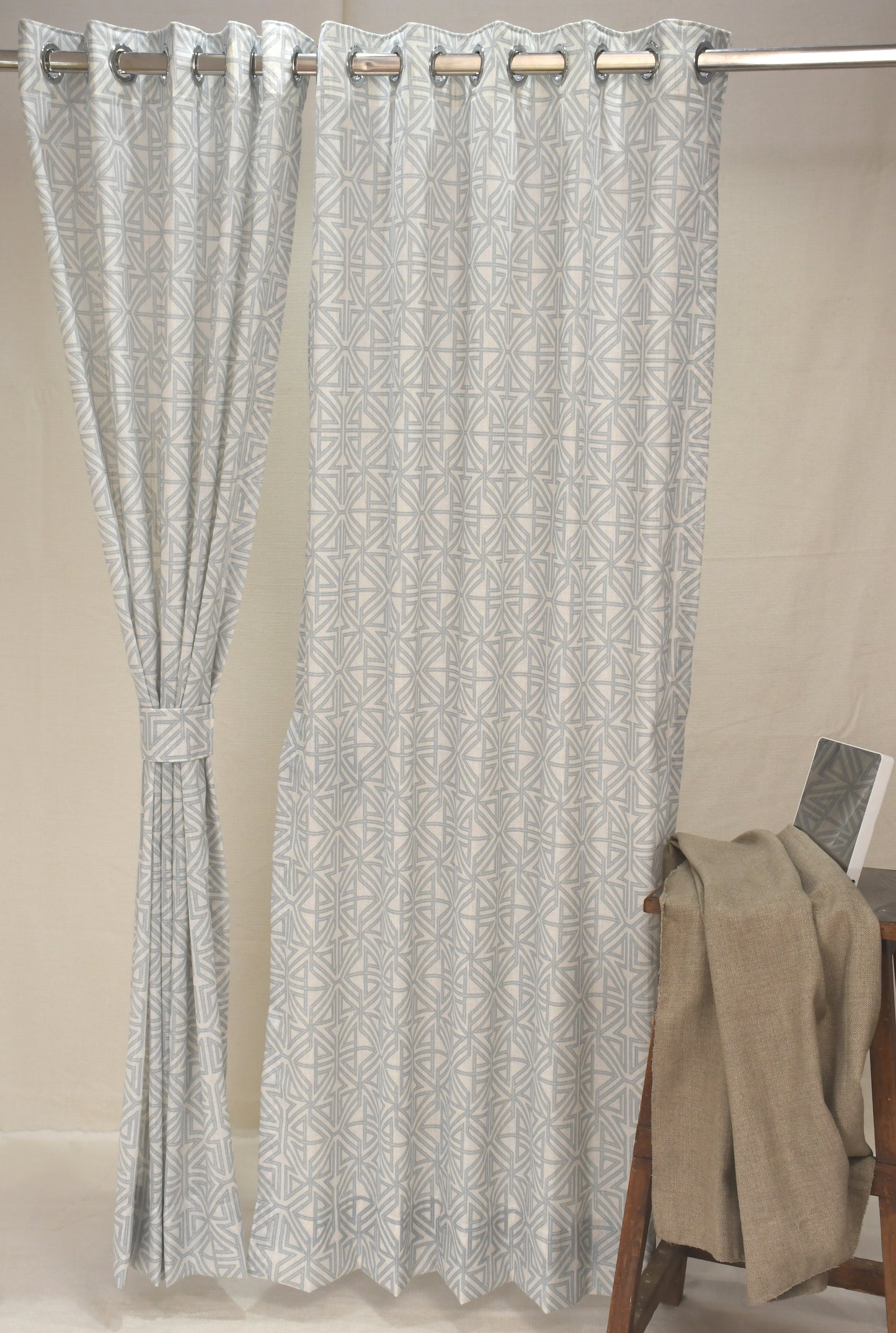 Lino Collection Curtains with Eyelet patttern in Opaque Sheer Printed fabric with Geometric Design.