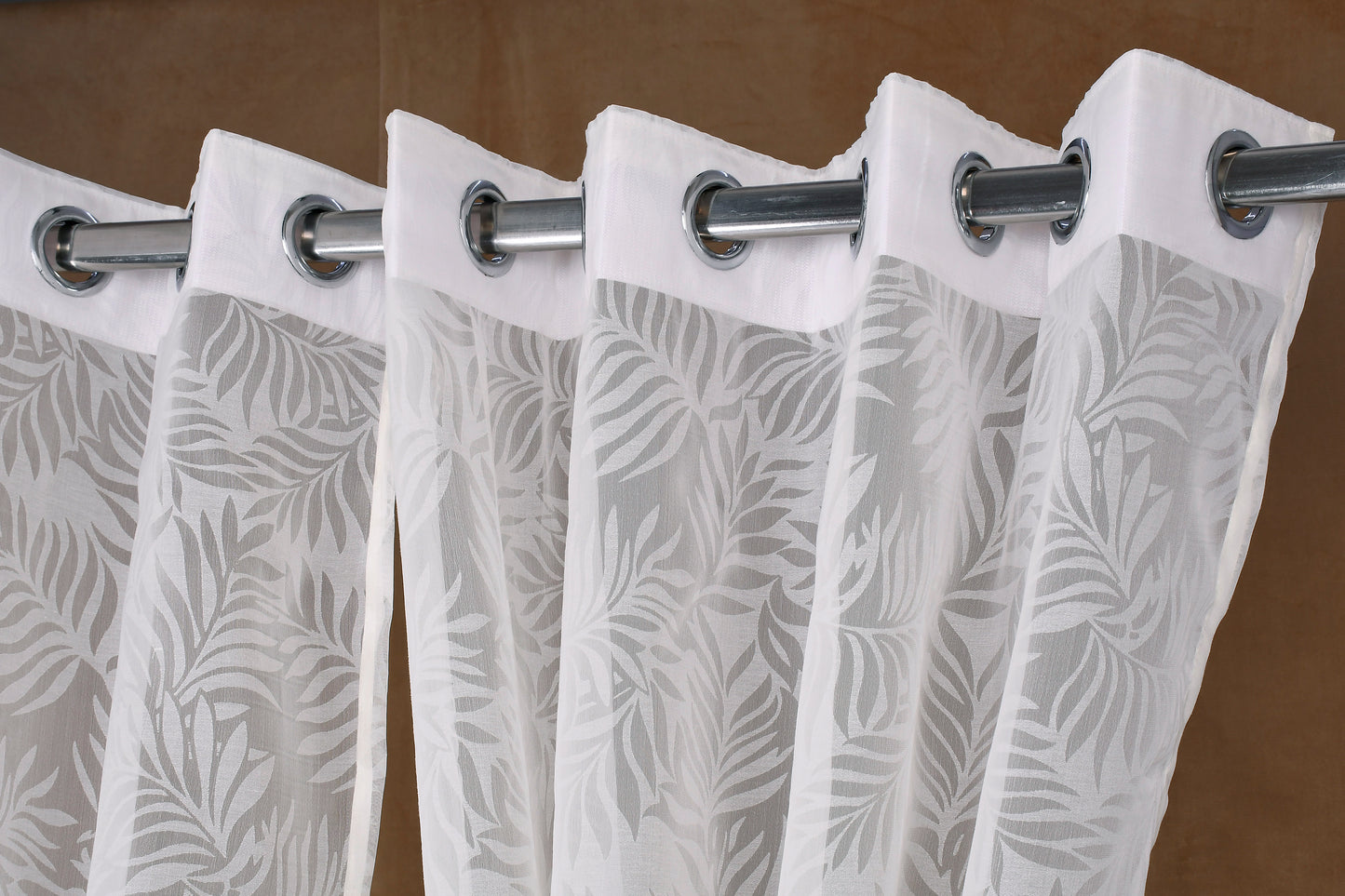 Mero Collection Curtains with Eyelet patttern in Sheer fabric with self textures in Pearl White Colour Leaf Brasso