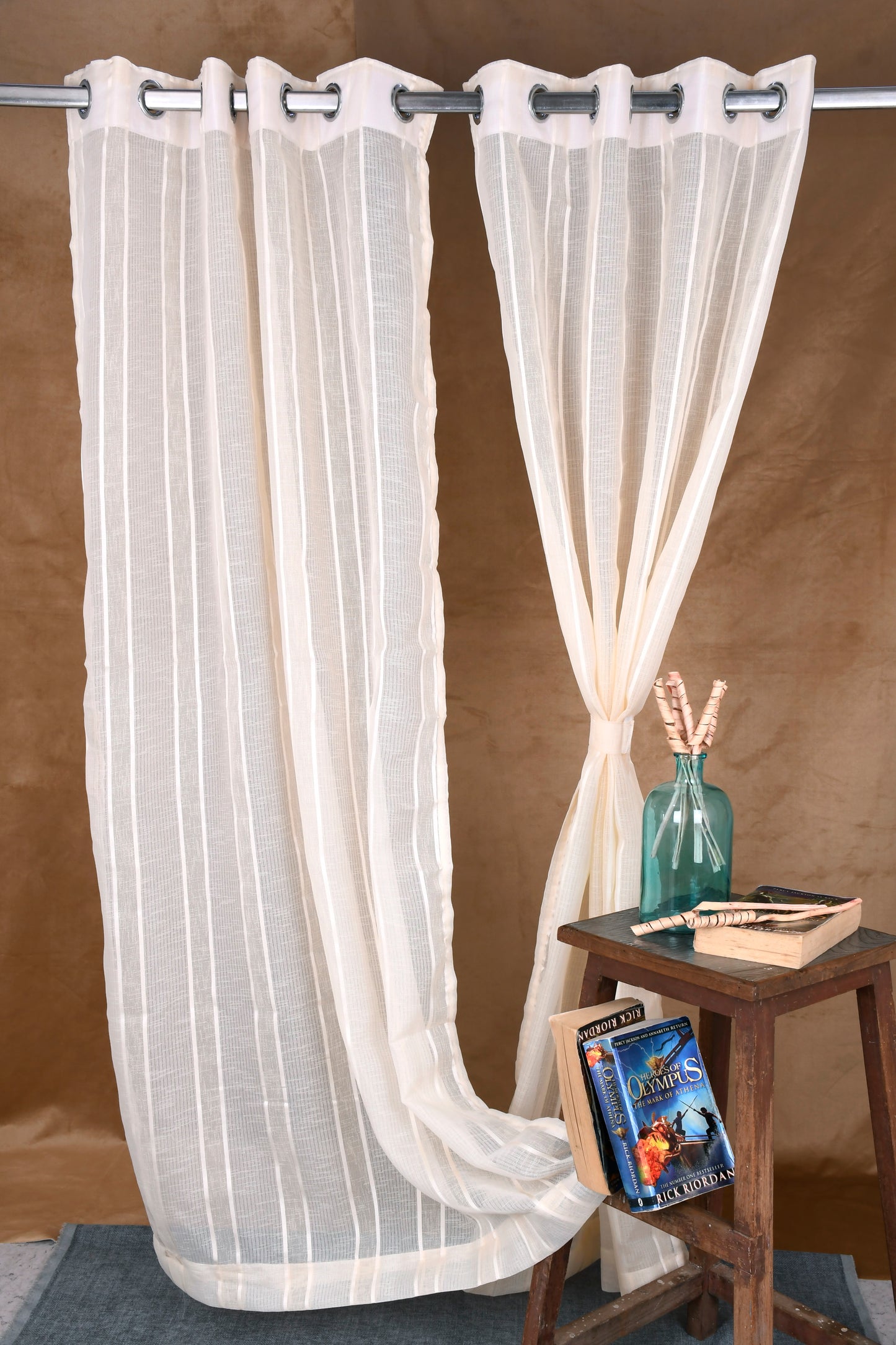 Mero Collection Curtains with Eyelet patttern in Sheer fabric with self textures in Cream Off-White Colour Stripe