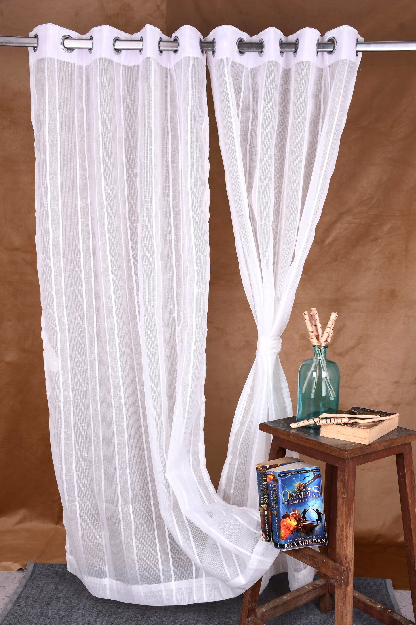 Mero Collection Curtains with Eyelet patttern in Sheer fabric with self textures in Pearl White Colour Stripe