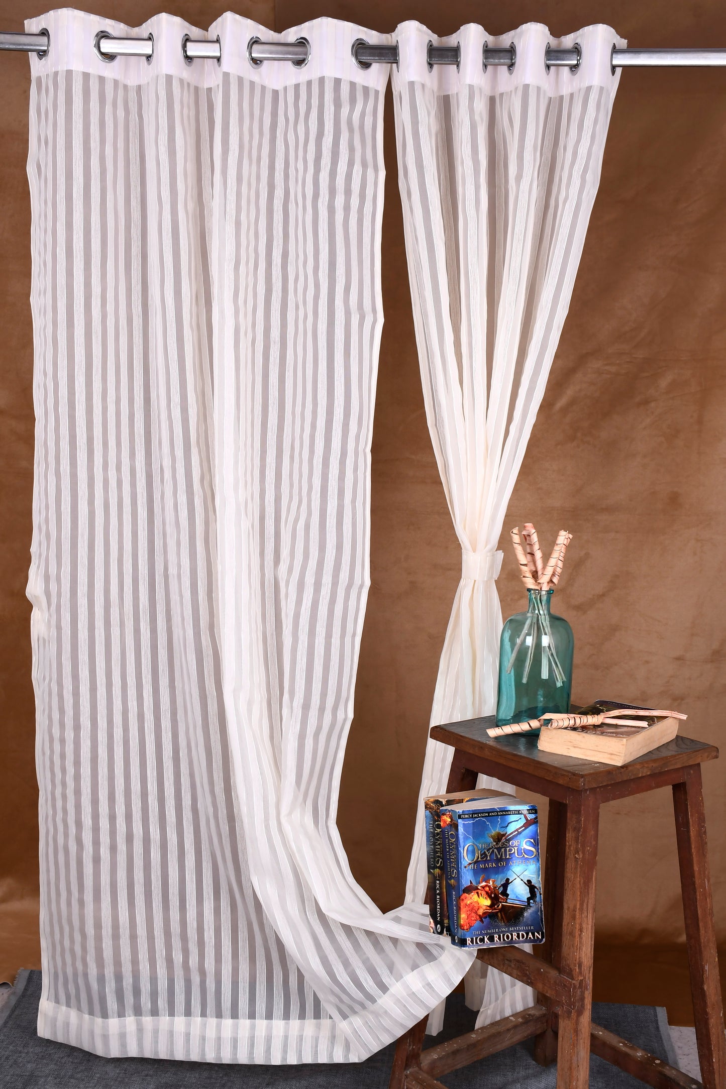 Mero Collection Curtains with Eyelet patttern in Sheer fabric with self textures in Pearl White Colour Stripe Thin