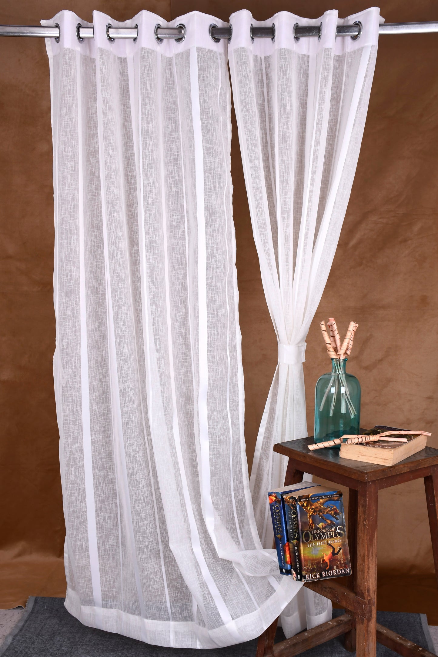 Mero Collection Curtains with Eyelet patttern in Sheer fabric with self textures in OffWhite Colour Broad Stripe