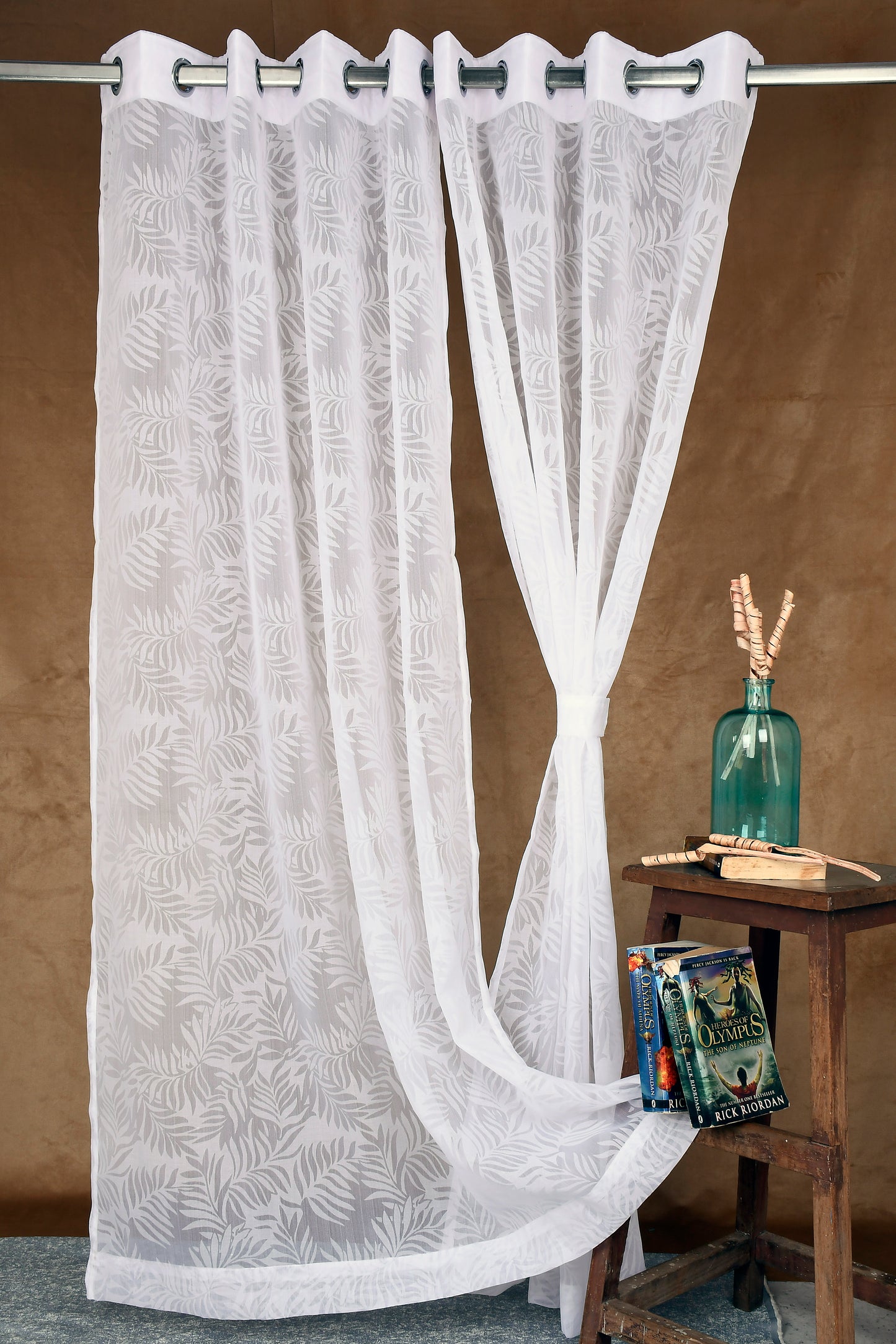 Mero Collection Curtains with Eyelet patttern in Sheer fabric with self textures in OffWhite Leafy Overall Brasso