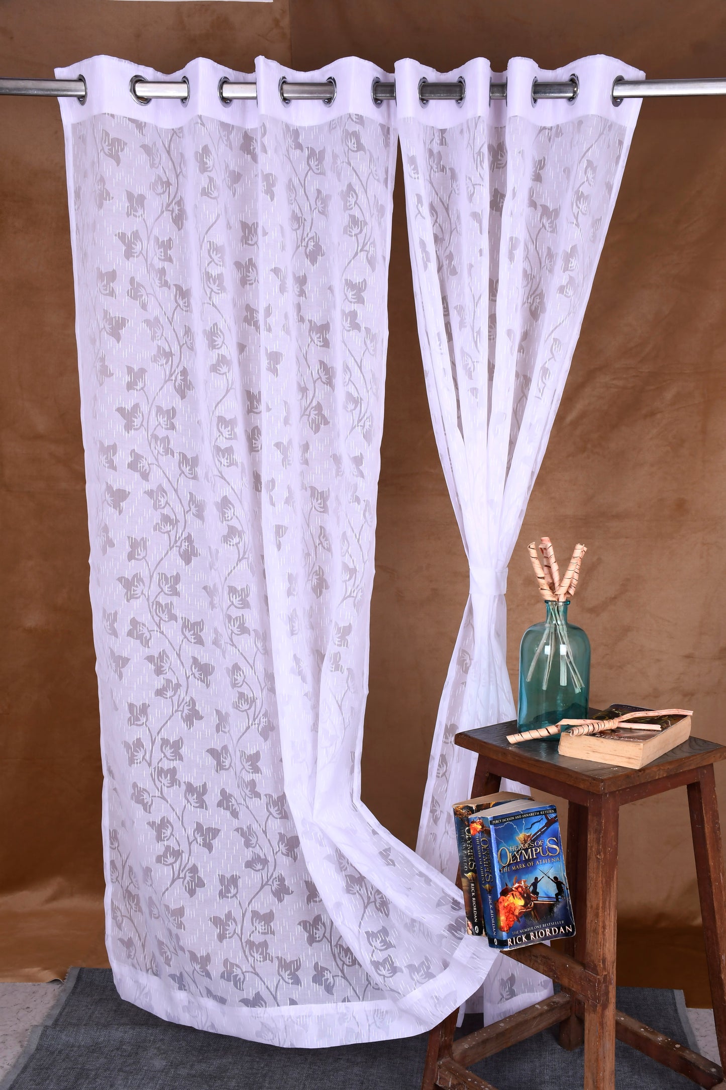 Mero Collection Curtains with Eyelet patttern in Sheer fabric with self textures in OffWhite Tulip Overall Brasso