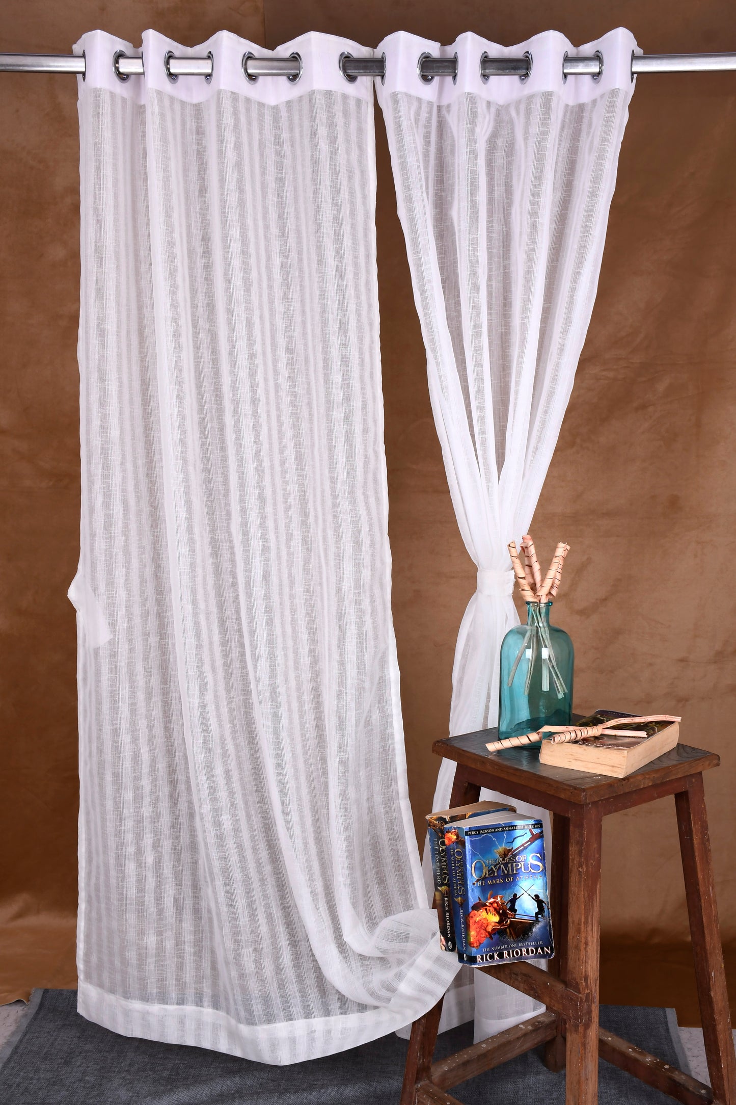 Mero Collection Curtains with Eyelet patttern in Sheer fabric with self textures in OffWhite Textured Stripe & Weave