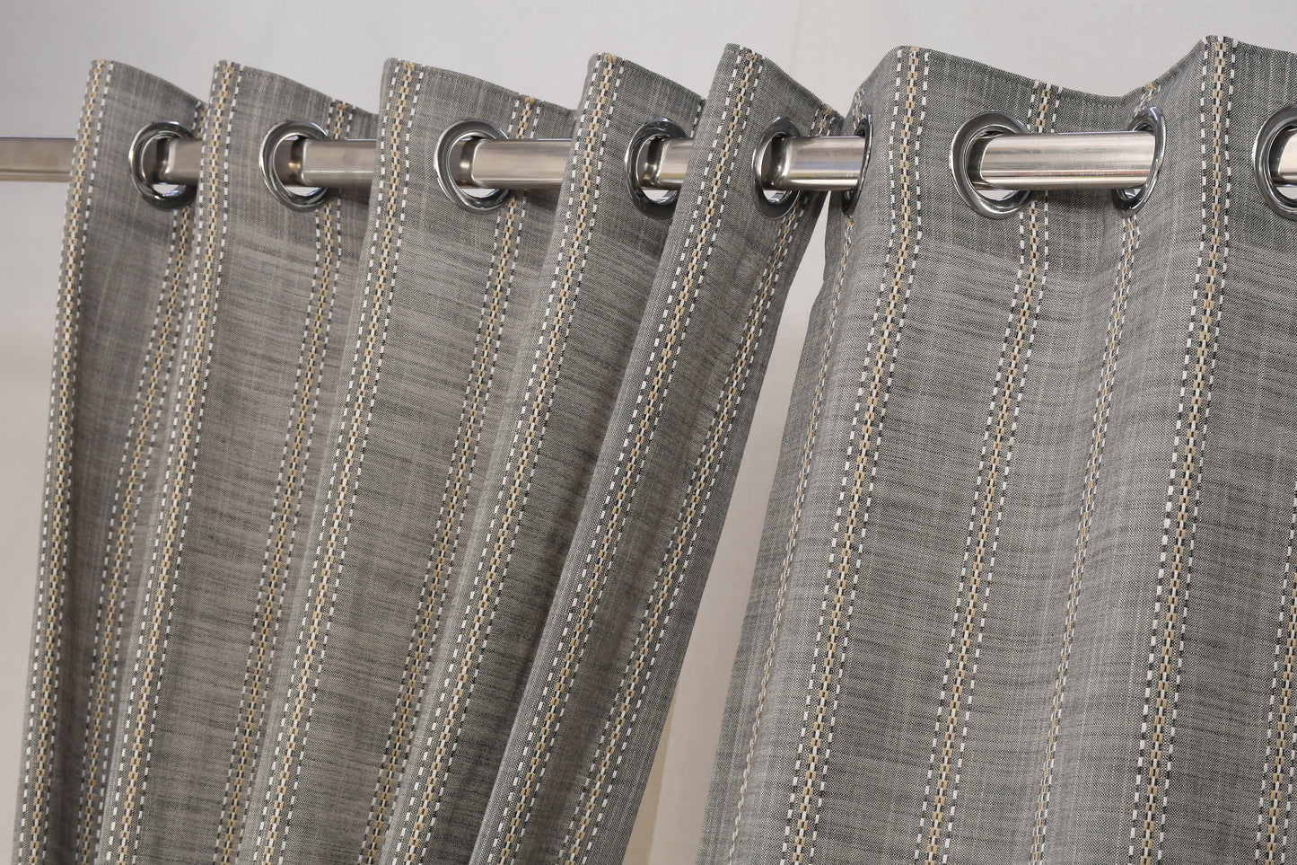 Ricamo Collection Curtains in Eyelet patttern with Stripe Embroidered Work Design in Grey Colour