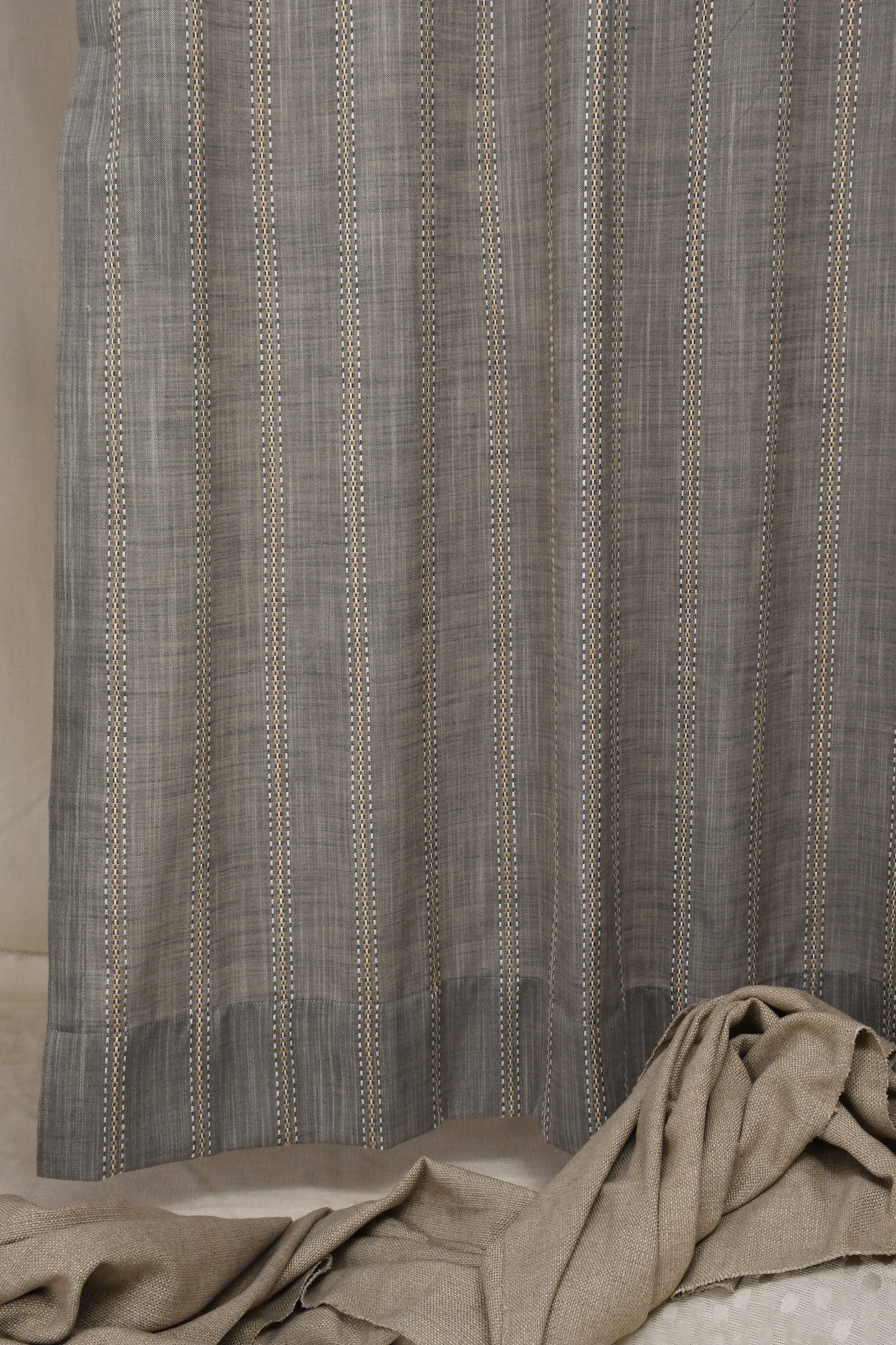 Ricamo Collection Curtains in Eyelet patttern with Stripe Embroidered Work Design in Grey Colour