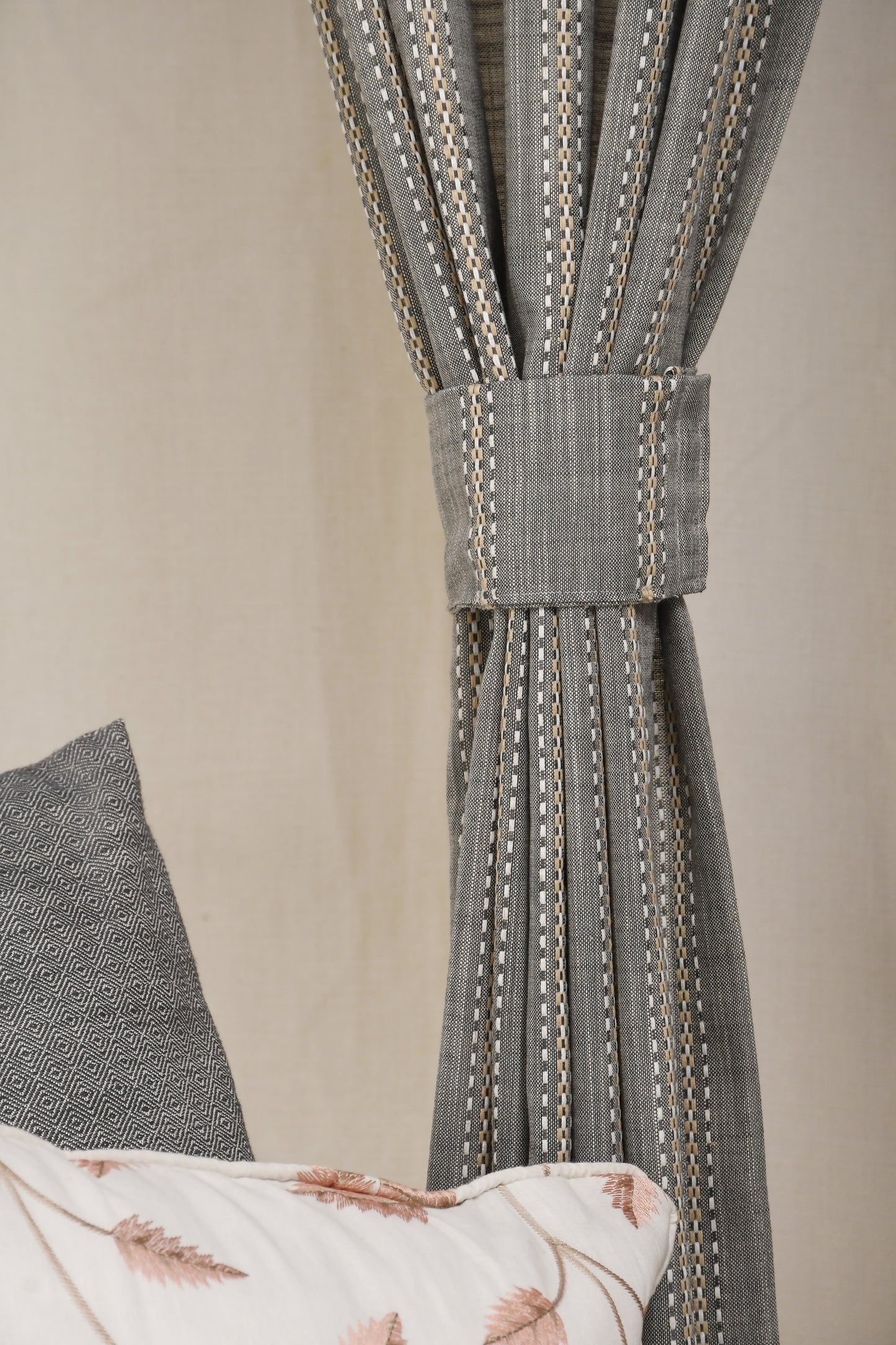 Ricamo Collection Curtains in Eyelet patttern with Stripe Embroidered Work Design in Grey Colour