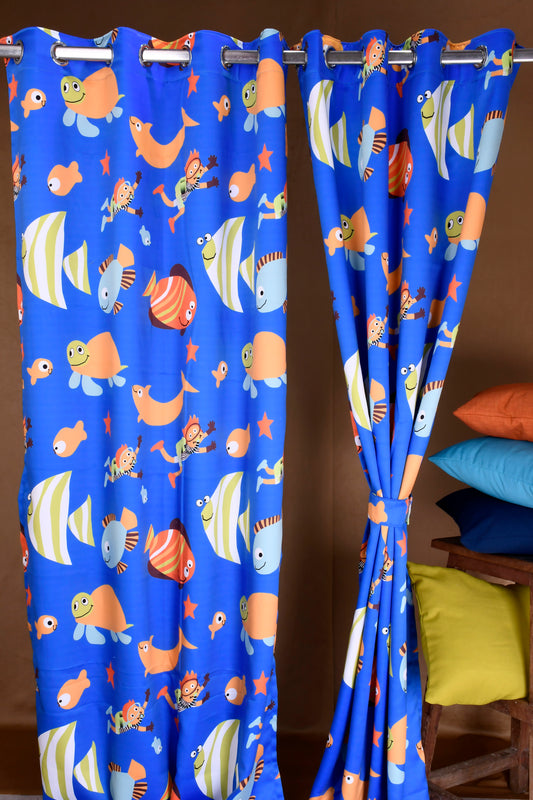 Bambini Digital Print Curtains on Polyester fabric for Kids Under The Blue Sea Size Eyelet Curtains