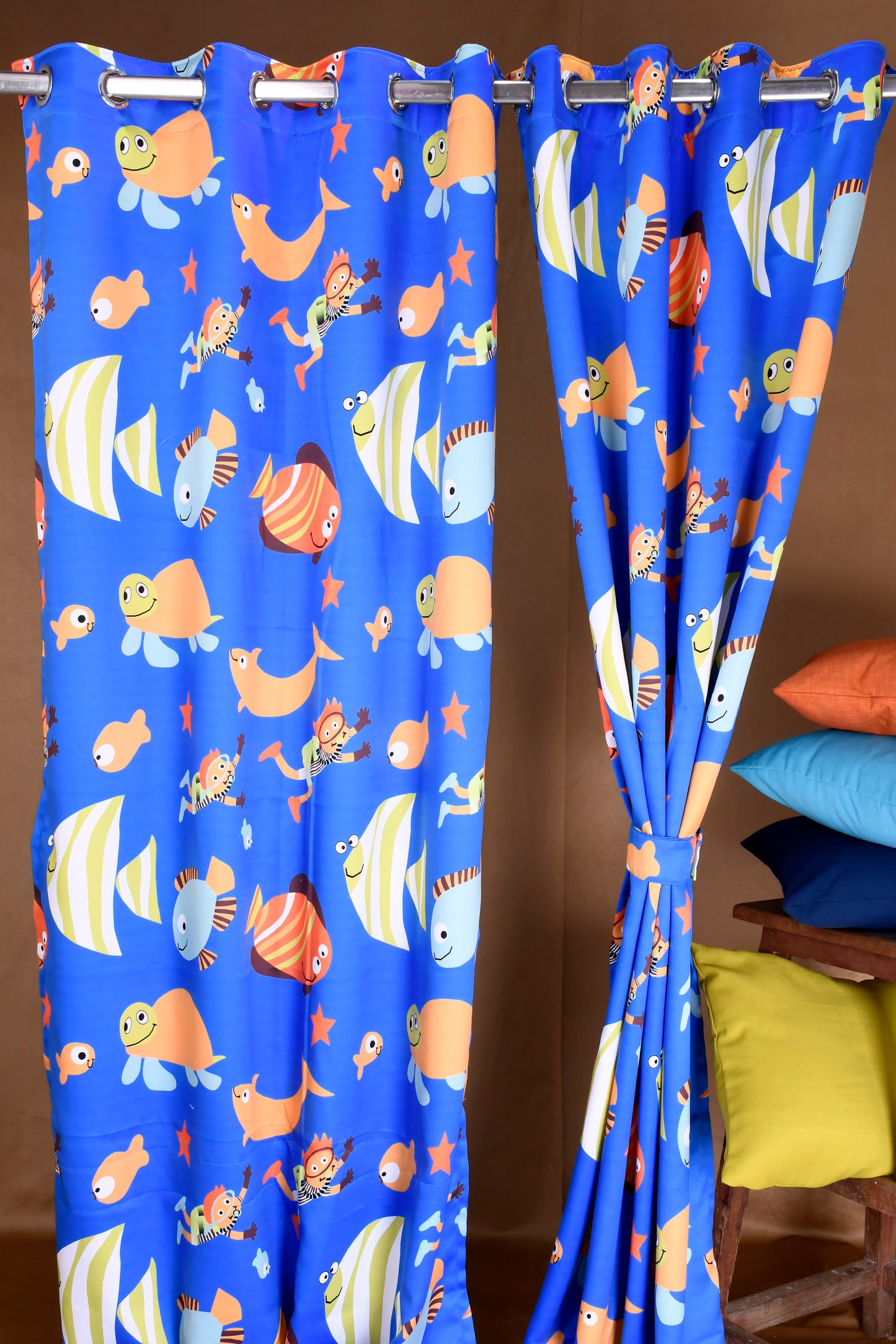Bambini Digital Print Curtains on Polyester fabric for Kids Under The Blue Sea Size Eyelet Curtains