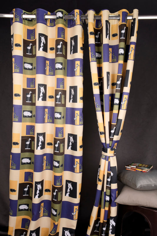 Bambini Digital Print Curtains on Polyester fabric for Kids Animal Park Door Size Eyelet Curtains