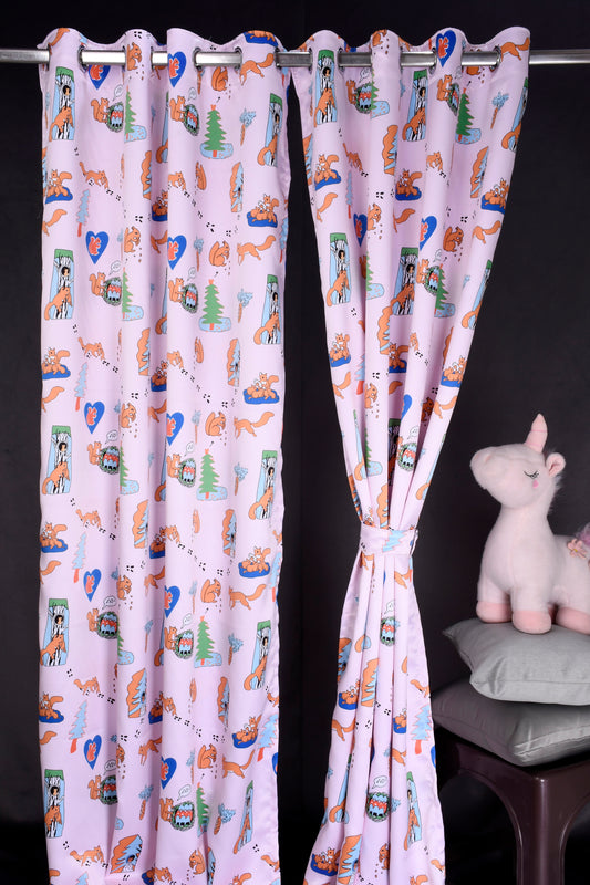 Bambini Digital Print Curtains on Polyester fabric for Kids Squirrel Theme Curtains with Pink Background