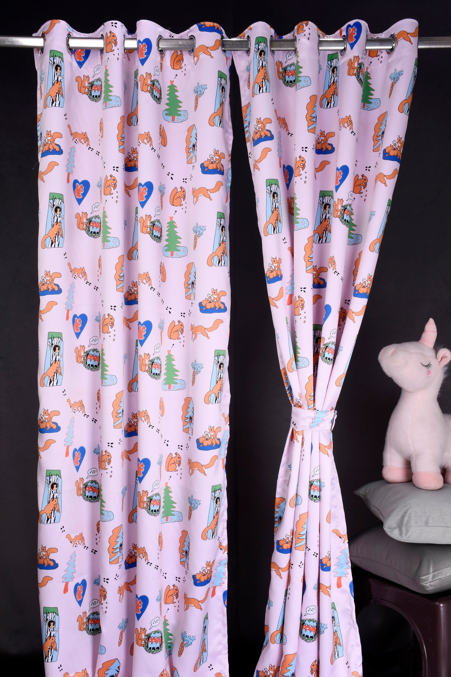 Bambini Digital Print Curtains on Polyester fabric for Kids Squirrel Theme Curtains with Pink Background