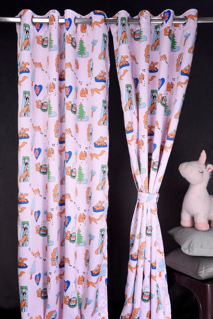 Bambini Digital Print Curtains on Polyester fabric for Kids Squirrel Theme Curtains with Pink Background
