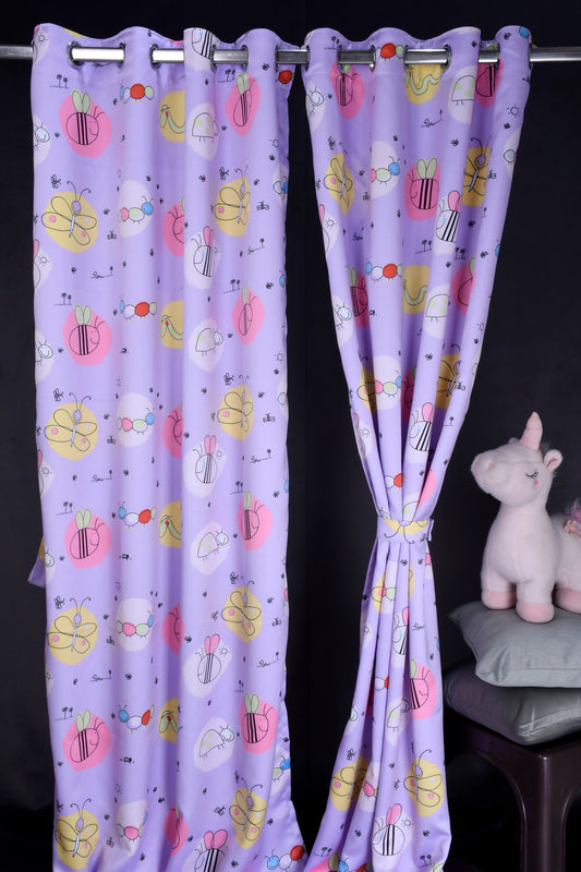 Bambini Digital Print Curtains on Polyester fabric for Kids Honey Bees Theme on Lilac Base.
