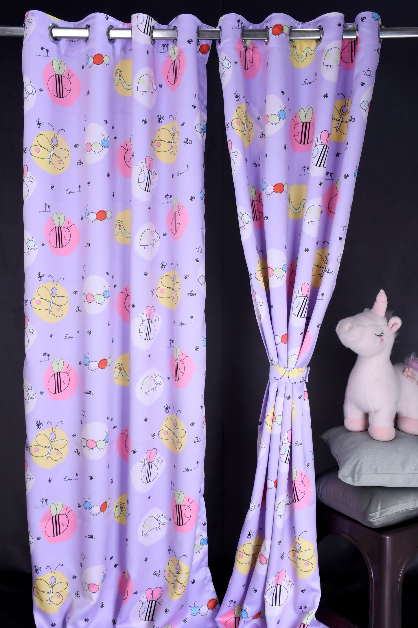 Bambini Digital Print Curtains on Polyester fabric for Kids Honey Bees Theme on Lilac Base.