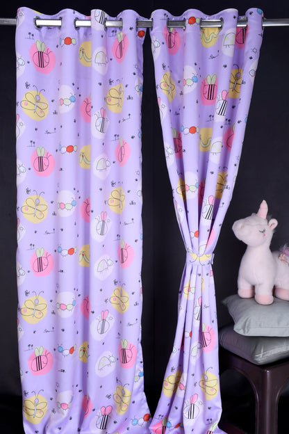 Bambini Digital Print Curtains on Polyester fabric for Kids Honey Bees Theme on Lilac Base.