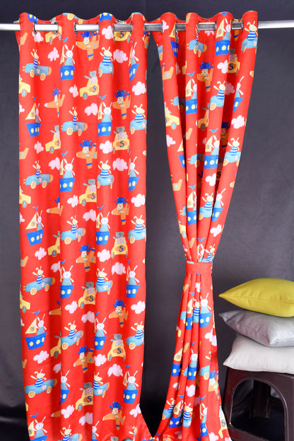 Bambini Digital Print Curtains on Polyester fabric of Bunny in Aeroplane on Red Base.