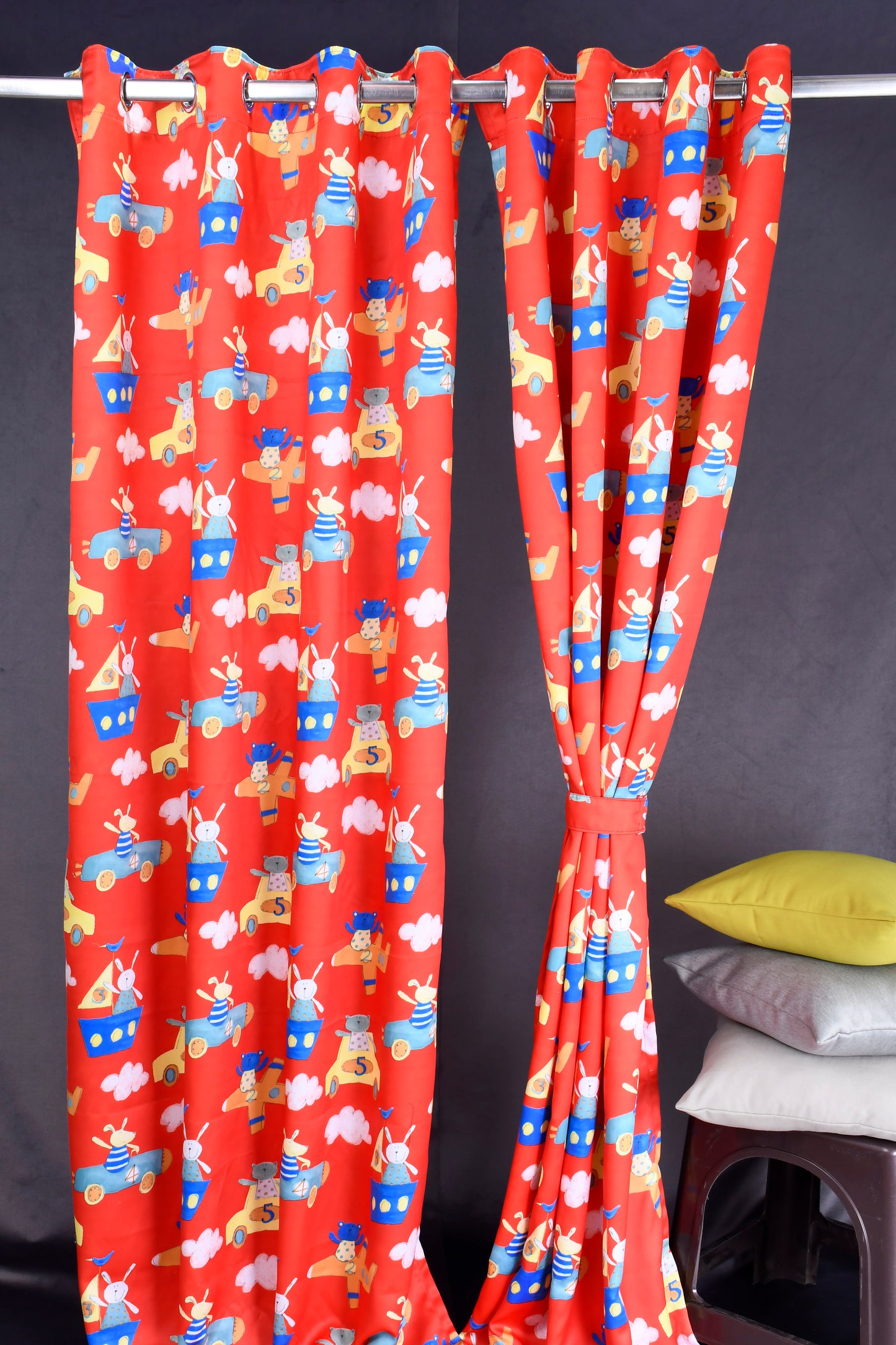 Bambini Digital Print Curtains on Polyester fabric of Bunny in Aeroplane on Red Base.