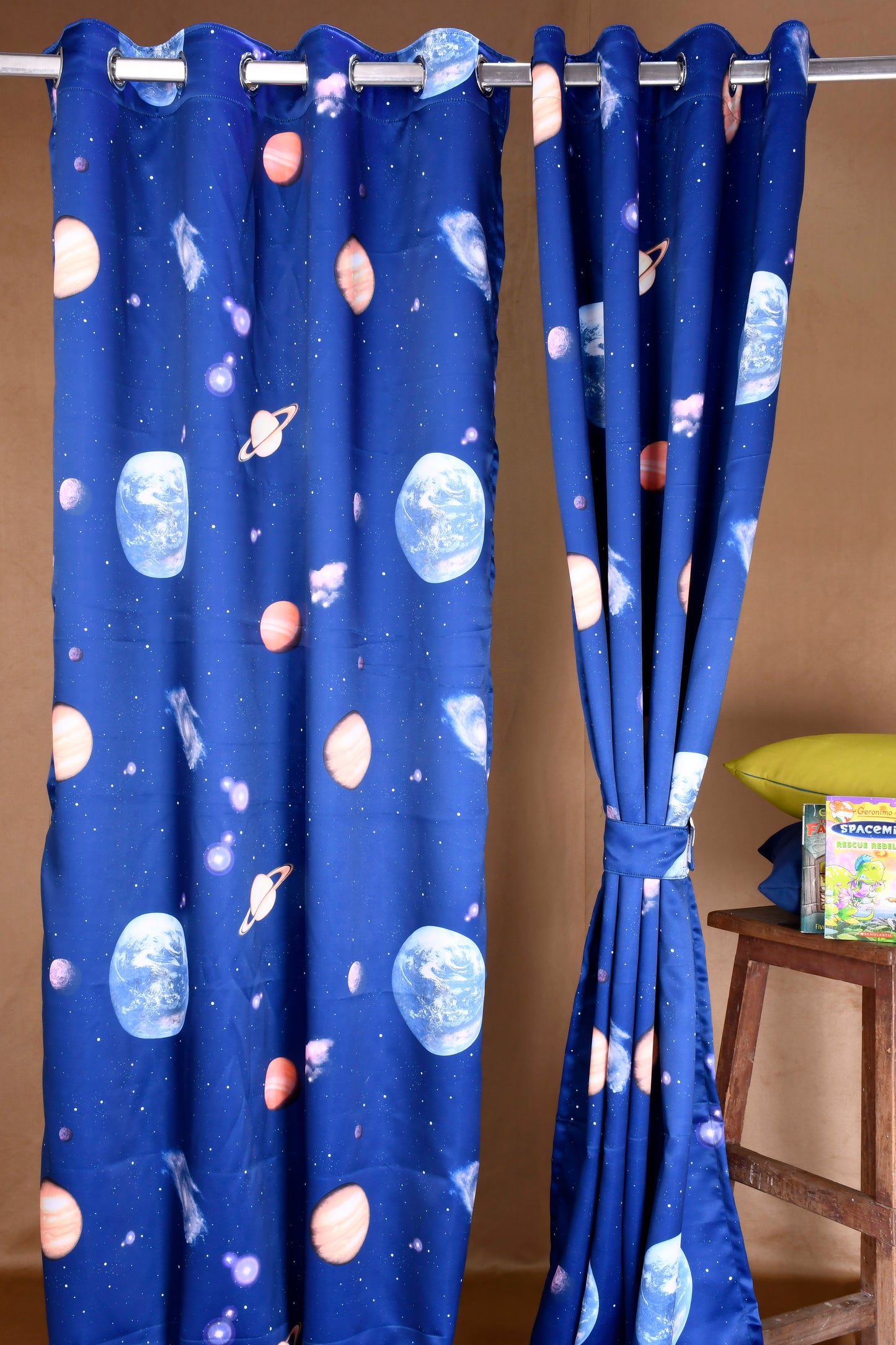 Bambini Digital Print Curtains on Polyester fabric of Universe Milky Way in Blue Base.
