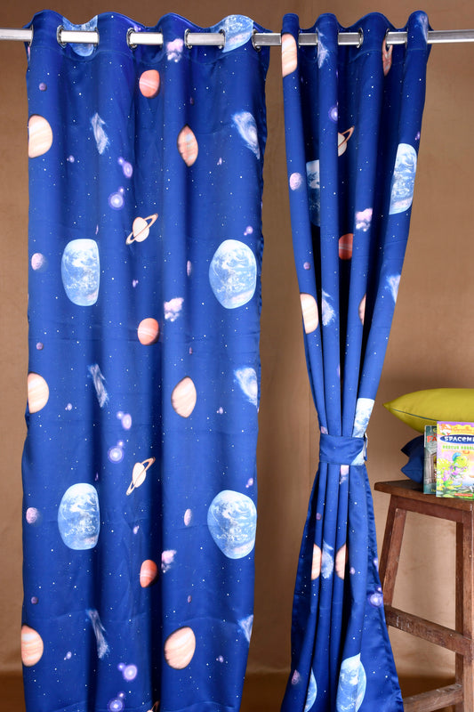 Bambini Digital Print Curtains on Polyester fabric of Universe Milky Way in Blue Base.