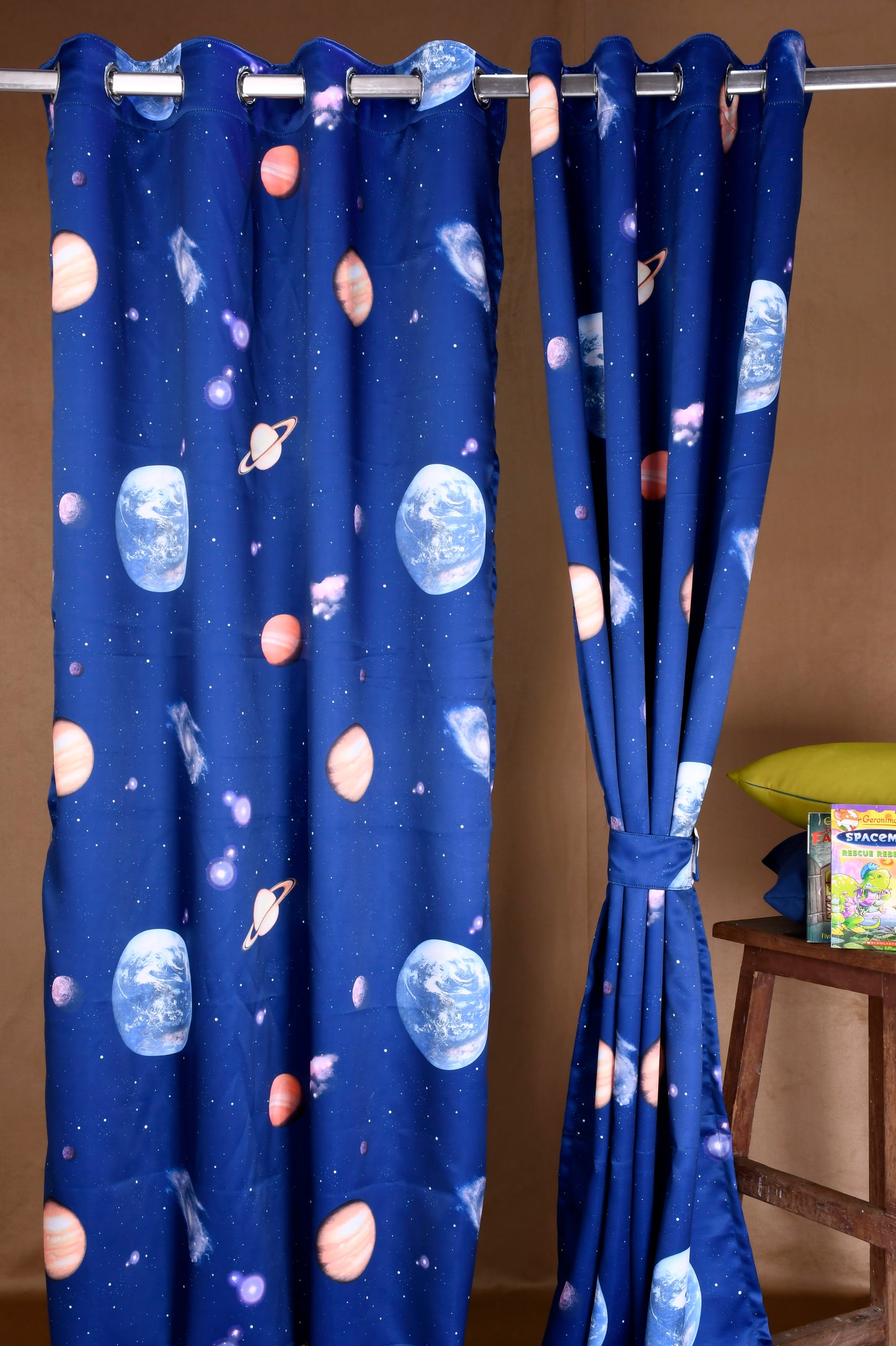 Bambini Digital Print Curtains on Polyester fabric of Universe Milky Way in Blue Base.