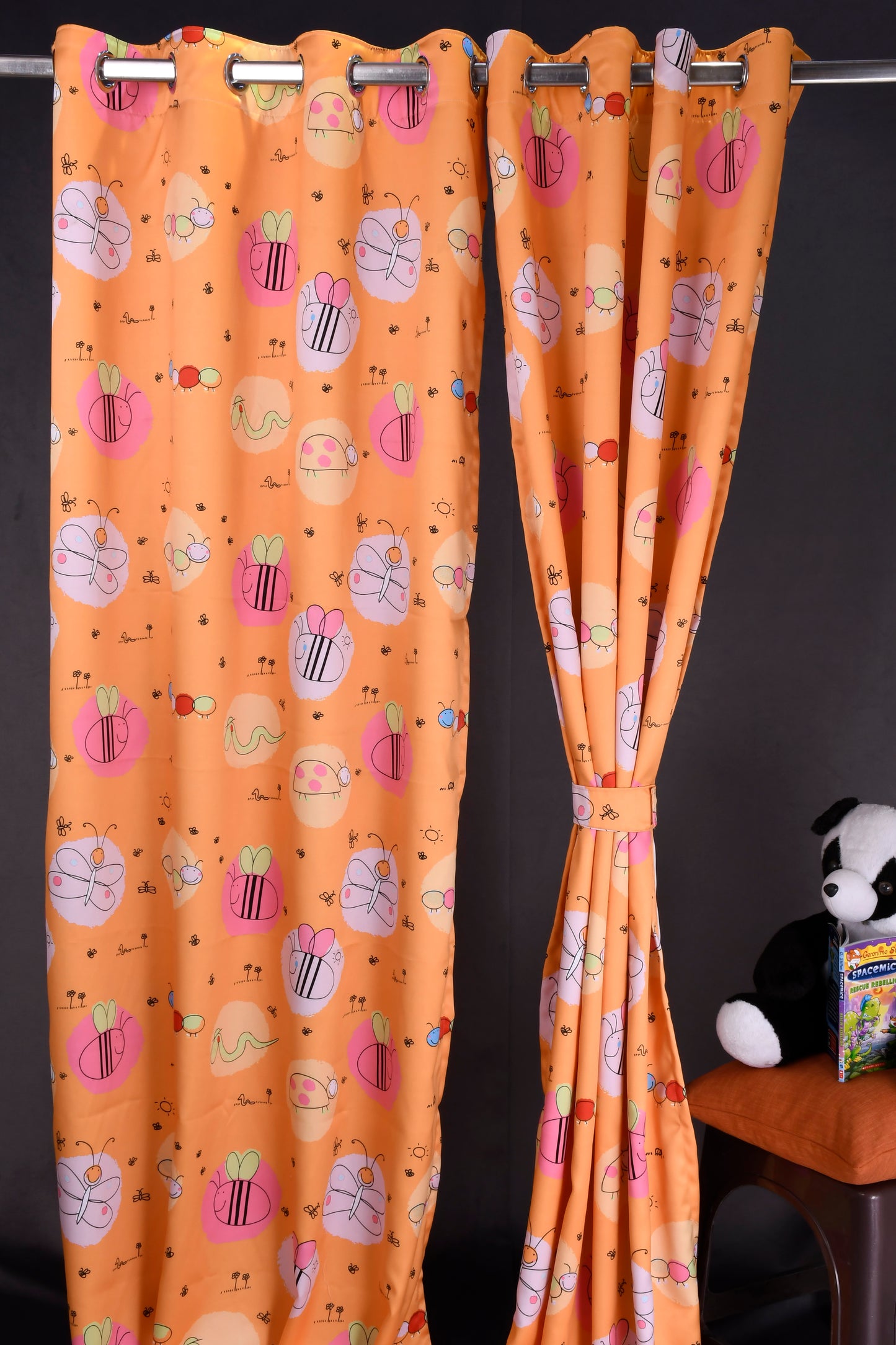 Bambini Digital Print Curtains on Polyester fabric for Kids Honey Bees Theme on Orange base.