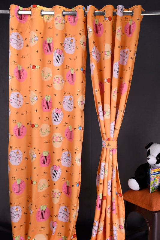 Bambini Digital Print Curtains on Polyester fabric for Kids Honey Bees Theme on Orange base.
