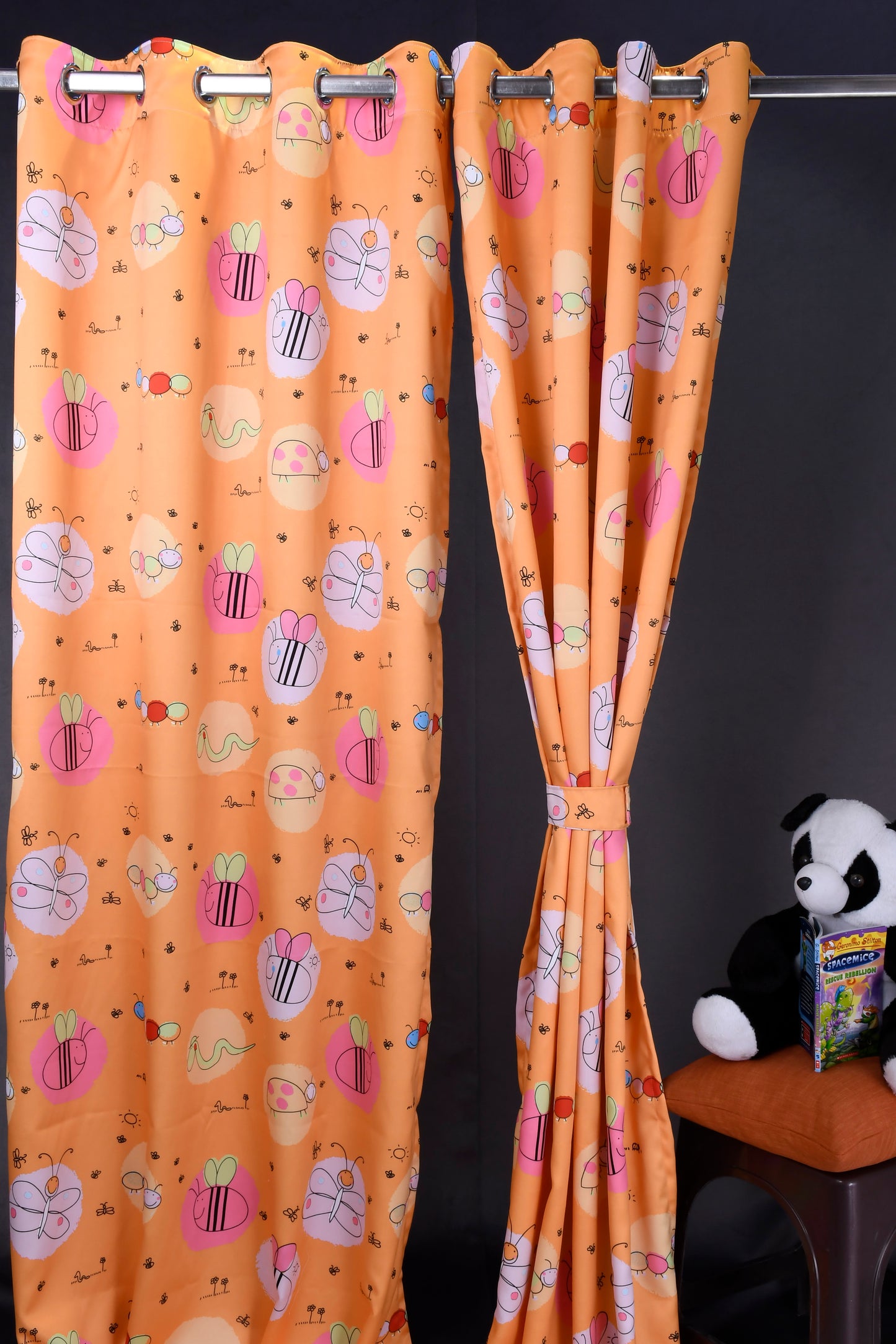Bambini Digital Print Curtains on Polyester fabric for Kids Honey Bees Theme on Orange base.