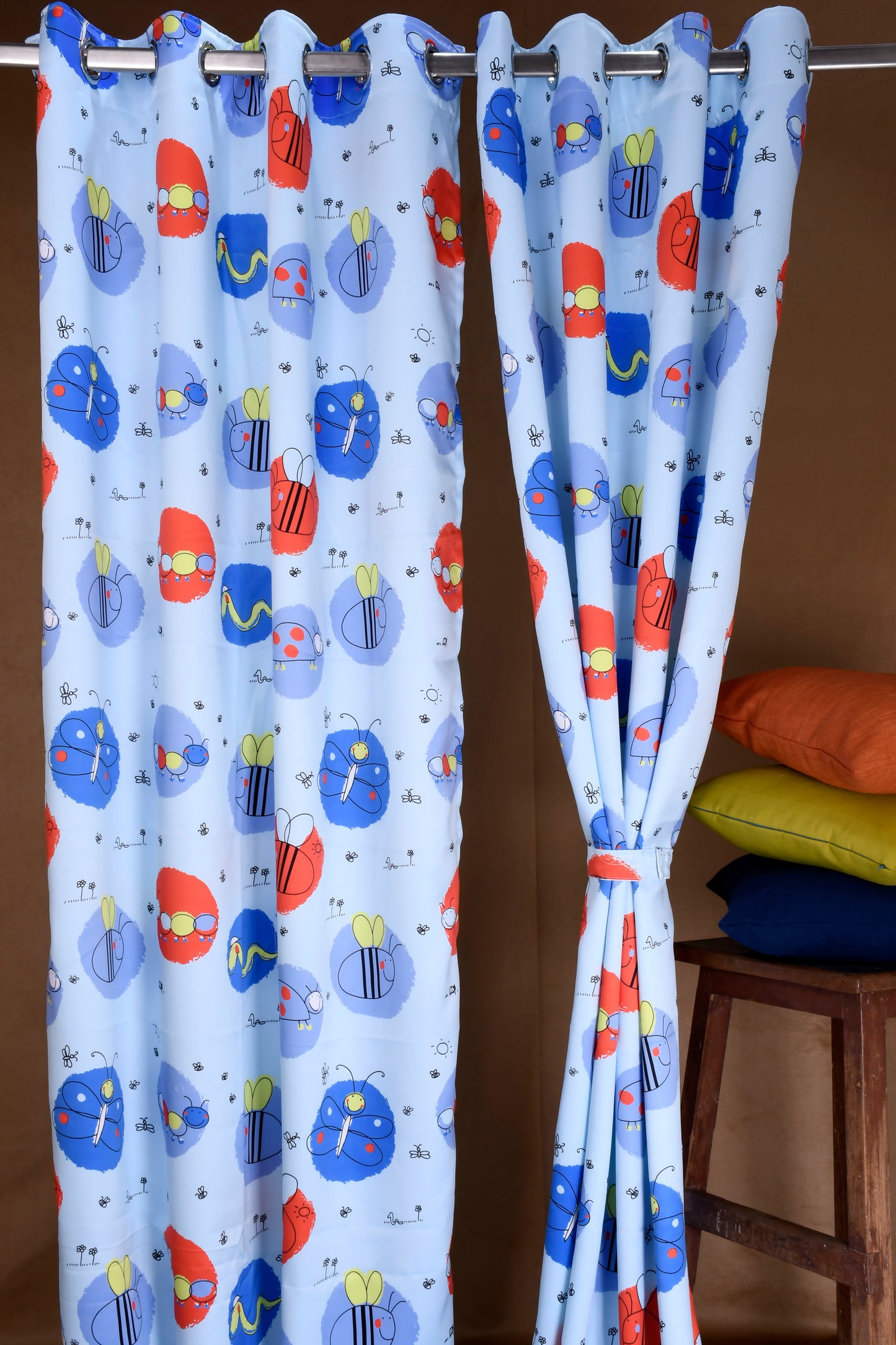 Bambini Digital Print Curtains on Polyester fabric for Kids Honey Bees Theme on baby Blue Base.