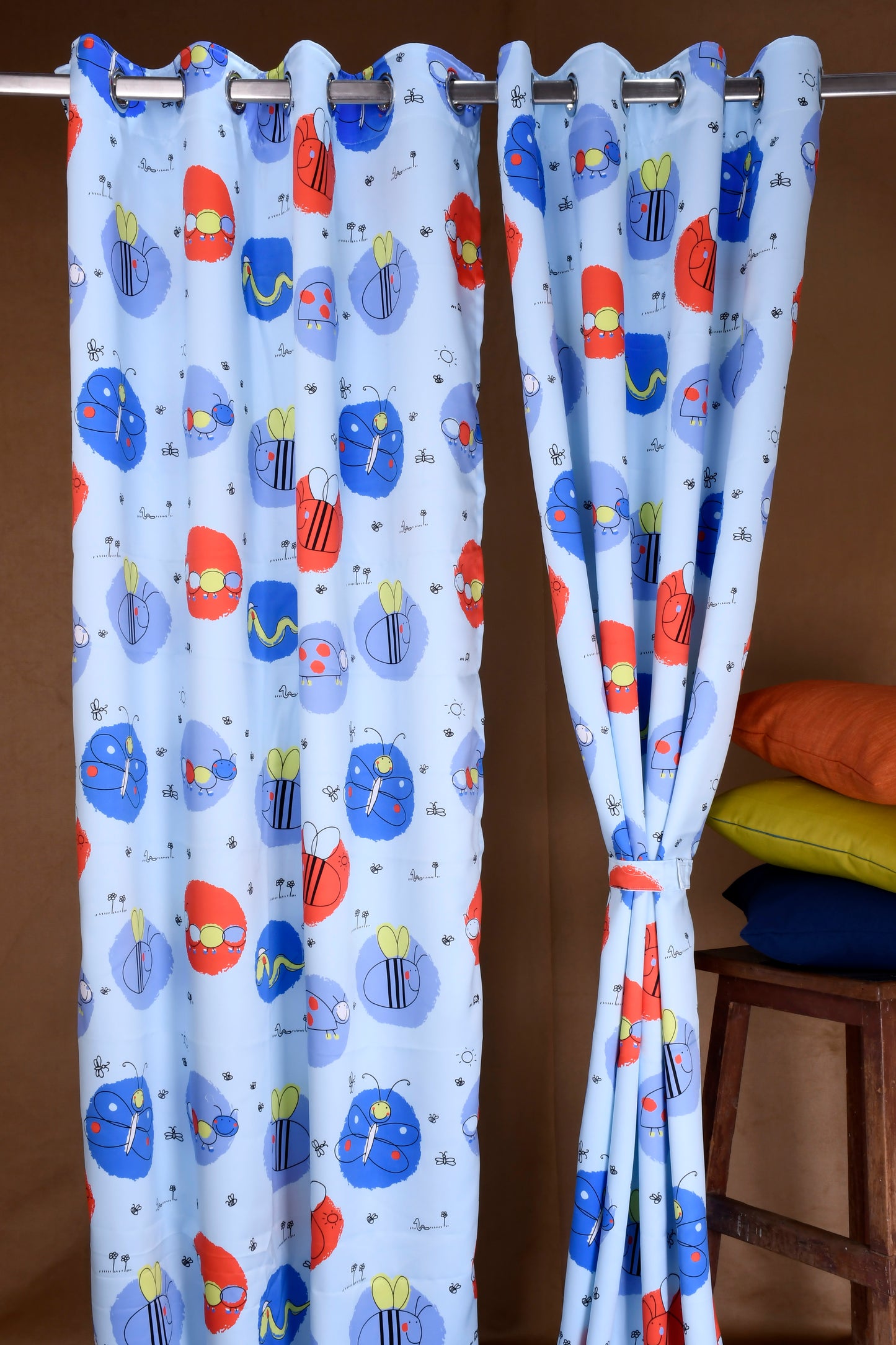 Bambini Digital Print Curtains on Polyester fabric for Kids Honey Bees Theme on baby Blue Base.