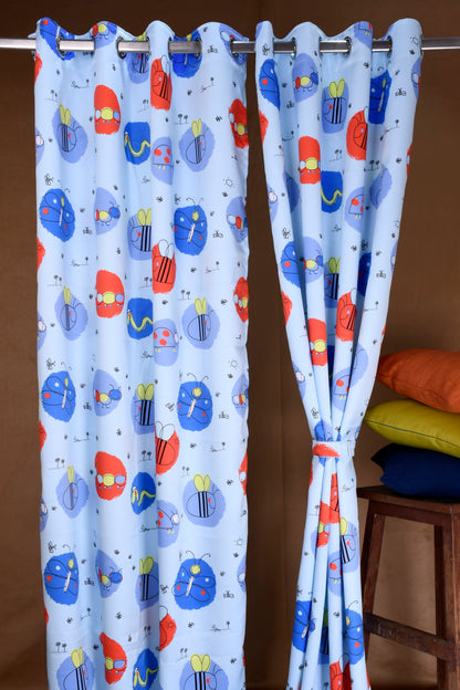 Bambini Digital Print Curtains on Polyester fabric for Kids Honey Bees Theme on baby Blue Base.