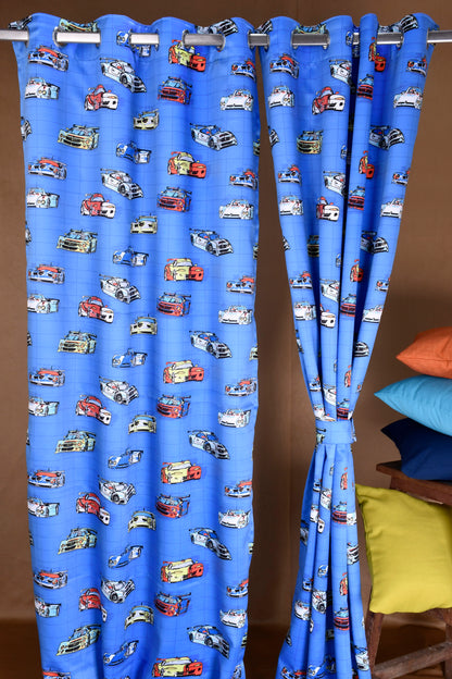 Bambini Digital Print Curtains on Polyester fabric for Racing Car in  Blue Base.
