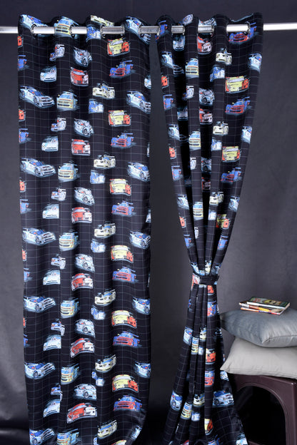 Bambini Digital Print Curtains on Polyester fabric for Racing Car in Black Base.