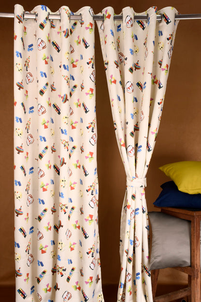 Bambini Digital Print Curtains on Polyester fabric of Musical Instruments on Light Yellow Base