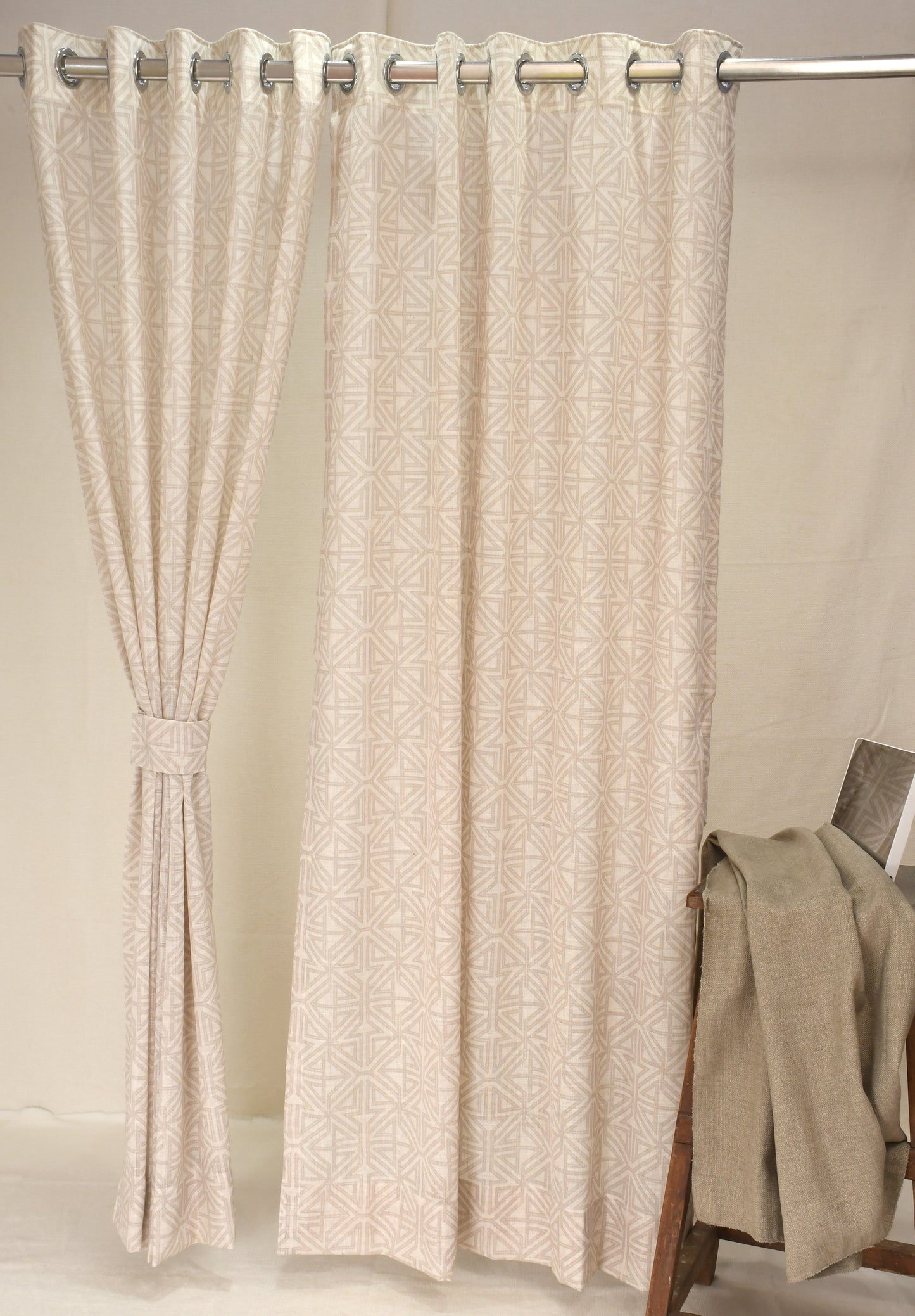 Lino Collection Curtains with Eyelet patttern in Opaque Sheer Printed fabric with Geometric Design.