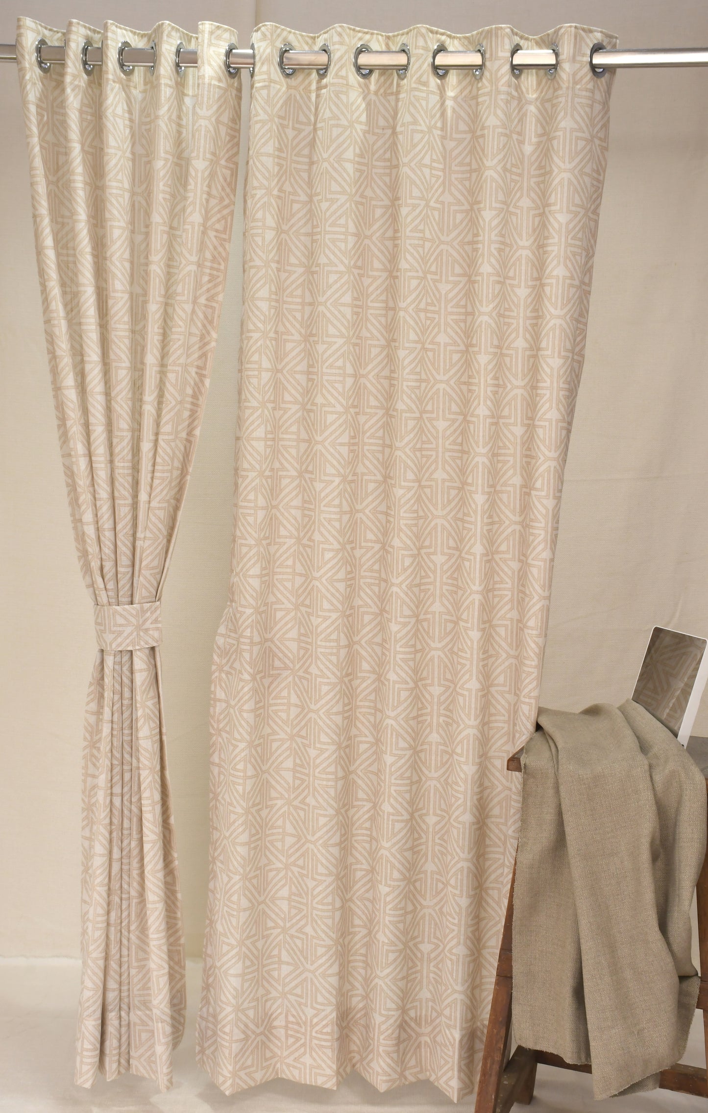 Lino Collection Curtains with Eyelet patttern in Opaque Sheer Printed fabric with Geometric Design.