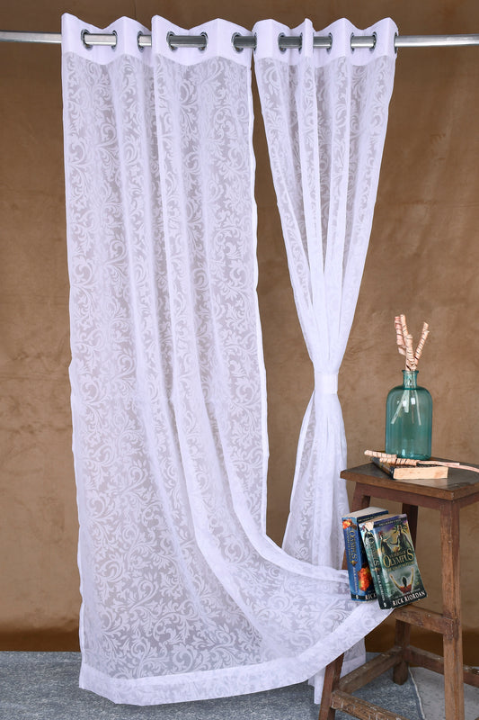 Mero Collection Curtains with Eyelet patttern in Sheer fabric with self textures in Pearl White Colour