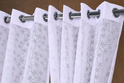 Mero Collection Curtains with Eyelet patttern in Sheer fabric with self textures in Pearl White Colour Leafy