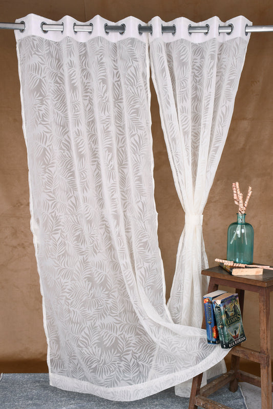 Mero Collection Curtains with Eyelet patttern in Sheer fabric with self textures in Pearl White Colour Leaf Brasso