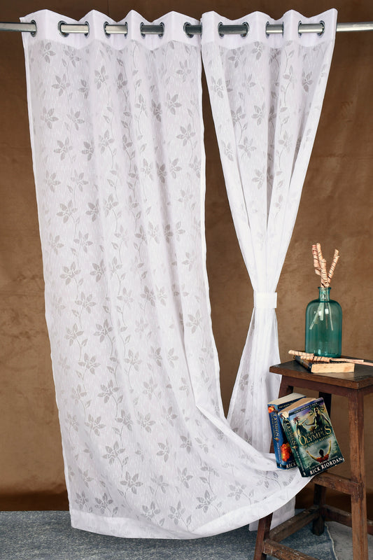 Mero Collection Curtains with Eyelet patttern in Sheer fabric with self textures in Pearl White Colour Floral Brasso